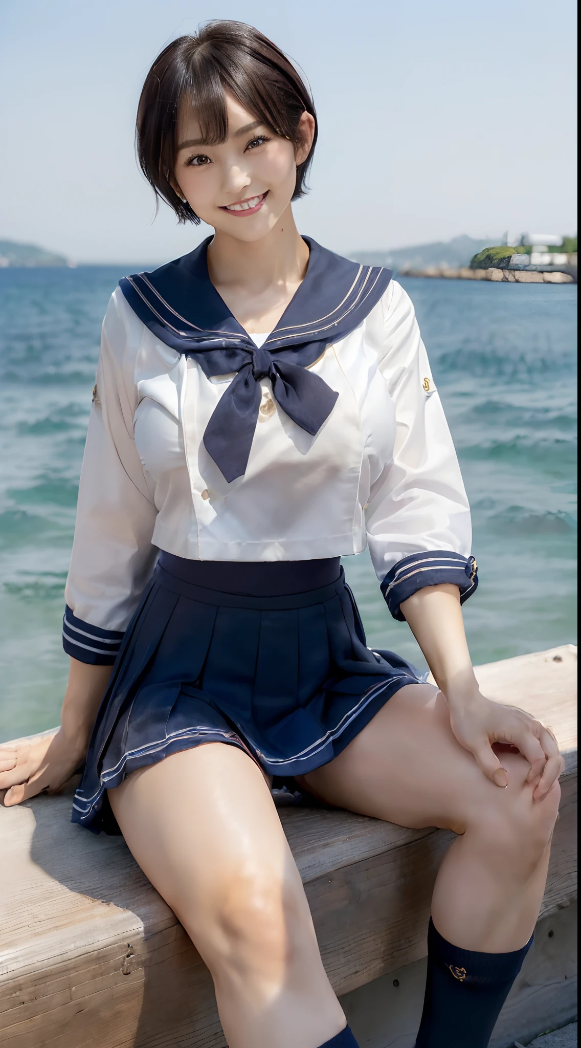 (in 8K, 超A high resolution, Best Quality, masutepiece:1.1),(18year old:1.1)、(Look away)、in 8K、RAW portrait of japanese girl、Photorealsitic、超A high resolution、top-quality、(a sailor suit、Navy Pleated Mini Skirt:1.3) (hi-school girl、quite massive chest、Pretty big breasts、toned body、Be sure to hide all breasts、black hair short cut、Sit with your legs wide open to the side:1.5)(Super cute、Cute smile、Navy Mini Skirt Sailor Suit、Black socks、lowfers:1.2)Sit wide open quite beside the embankment by the sea