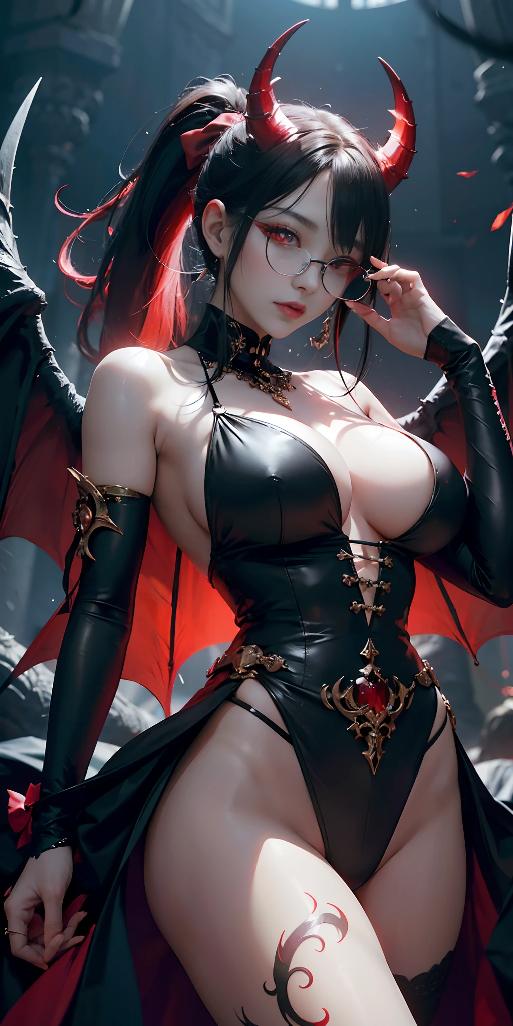 Fine、(The best illustrations)、8k UHD resolution、intricate-detail、top-quality、realisitic、ultra-detailliert、The best lighting、Best Shadows、Soft lighting、Ulutra HD、Dungeon and Dragon、Devil's Palace、Devil's Torture Chamber、magia、 A Necromancer、natta、Dark style、Succubus、Devil's Daughter、Bat Wings，(((Demon Horns)))、((((black-rimmed round glasses))))、(((Colossal tits)))、(Devil's Tail)、(red eyes glowing:1.6)、 intricate tattoos, demonic intricate tattoos, thigh tattoos, body tattoos, ​masterpiece、beautiful countenance、Captivating Black Magic Costumes、Skull Wand、Tindall Effect、photos realistic、(High Detail Skins:1.2)、 (Intricate details, makeup, pureerosface_v1:0.5), (Detailed beautiful delicate face, Detailed beautiful delicate eyes, A perfectly proportioned face, High detailed skin, Detailed skin, best ratio four finger and one thumb, arms below breasts, Tattoo with a red glow under the stomach、Awesome awesome, wide hips, smooth midriff, skiny and thin, __Fashion__, __hair__:1.25)、Digital SLR、hightquality、a picture、hight resolution、 absurderes、Ponytail distortion、***1人、Red sparkling gemstone necklace、jewely、Beautiful expression、Body Up、Large breasts emphasis、Toned waist、Wide buttocks、Tindall Effect、Photorealsitic、(High Detail Skins:1.2)、In the Dark, lowkey, cowboy lens, (Black Phoenix Dress: 1.0), Captivating Black Magic Costumes、Long hair, Black hair, Bust, Devil's Palace, devil crown, red eyes make up very sharp and detailed, The most beautiful face, Super tight breasts, Breast augmentation surgery, The breasts are very big and round and round, Black magic costume、Super realistic , Charming smile, The eyes are very well made up, ((Red Eye:1.0)), guweiz, devil style, wearing black mesh socks, Ponytail with a bow tied at the back of the hair, plump beautiful red lips, wearing a thin red and black robe, Hands pull the straps to expose sexy breasts, Skull Wand、the landscape is overcast and thunderous, Beautiful female demon portrait, Protagonist Close-up, (Detailed spooky backgrounds:0.8), n