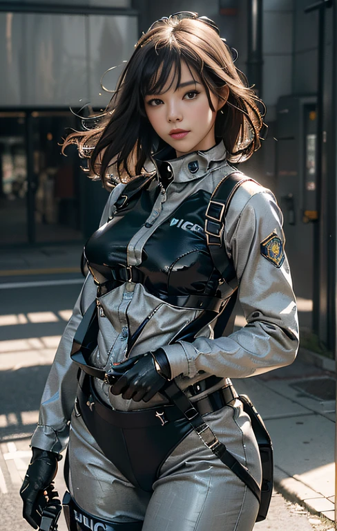 (Highest image quality, outstanding details, ultra-high resolution), (realism: 1.4), favor details, highly condensed 1 beautiful girl, with a delicate and beautiful face, ((cowboy shot)), (a bit chubby:0.4), (wearing black racing suit likes police uniform, black and grey mecha, wearing military harness, holding a machinegun), background simple grey concrete, background dark grey wall,