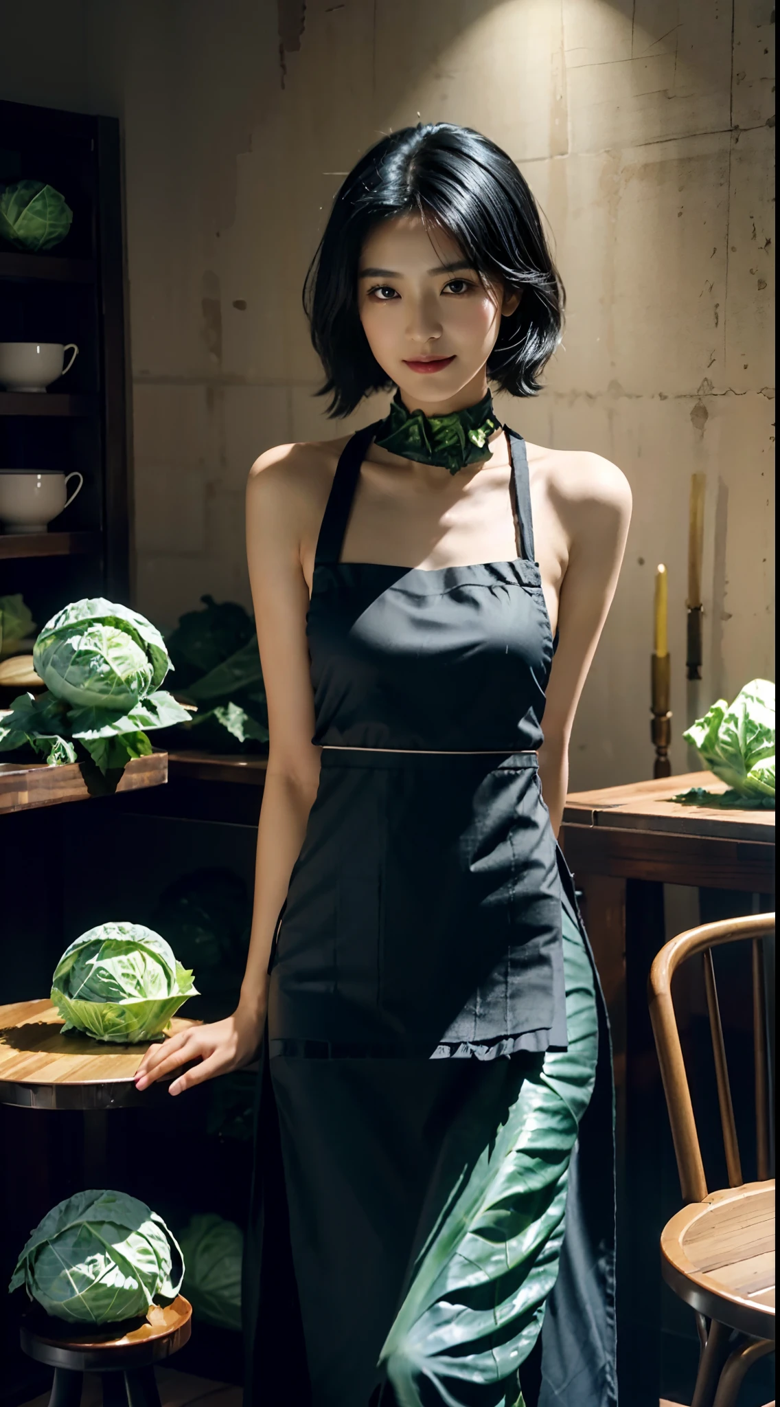 small head,  (perfect bodies: 1.1), (shoulder length straight short hair:0.9), (black hair:1.5),（极其细致的CG 8k壁纸），（Extremely refined and beautiful），（masterpiece），（best qualtiy：1.0），（超高分辨率：1.0），(upper body:1.3)，[A high resolution]，cheerfulness，Smile,(Smooth and flawless fair skin:1.5),(shiny skin:1.5),(dog collar:1.5),ultra - detailed,Elongated legs,(Small breasts:1.1),Flat chest,Slim，emaciated,(Maxi apron made of cabbage leaves:1.7),(round hips:1.3),(sharply hips:1.5),In kitchen,standing,(from front:1.3),(Close shot:1.3),nightfall，warm light,Several dishes on table,standing,(cowboy shot:1.3),(Portrait photo:1.3)