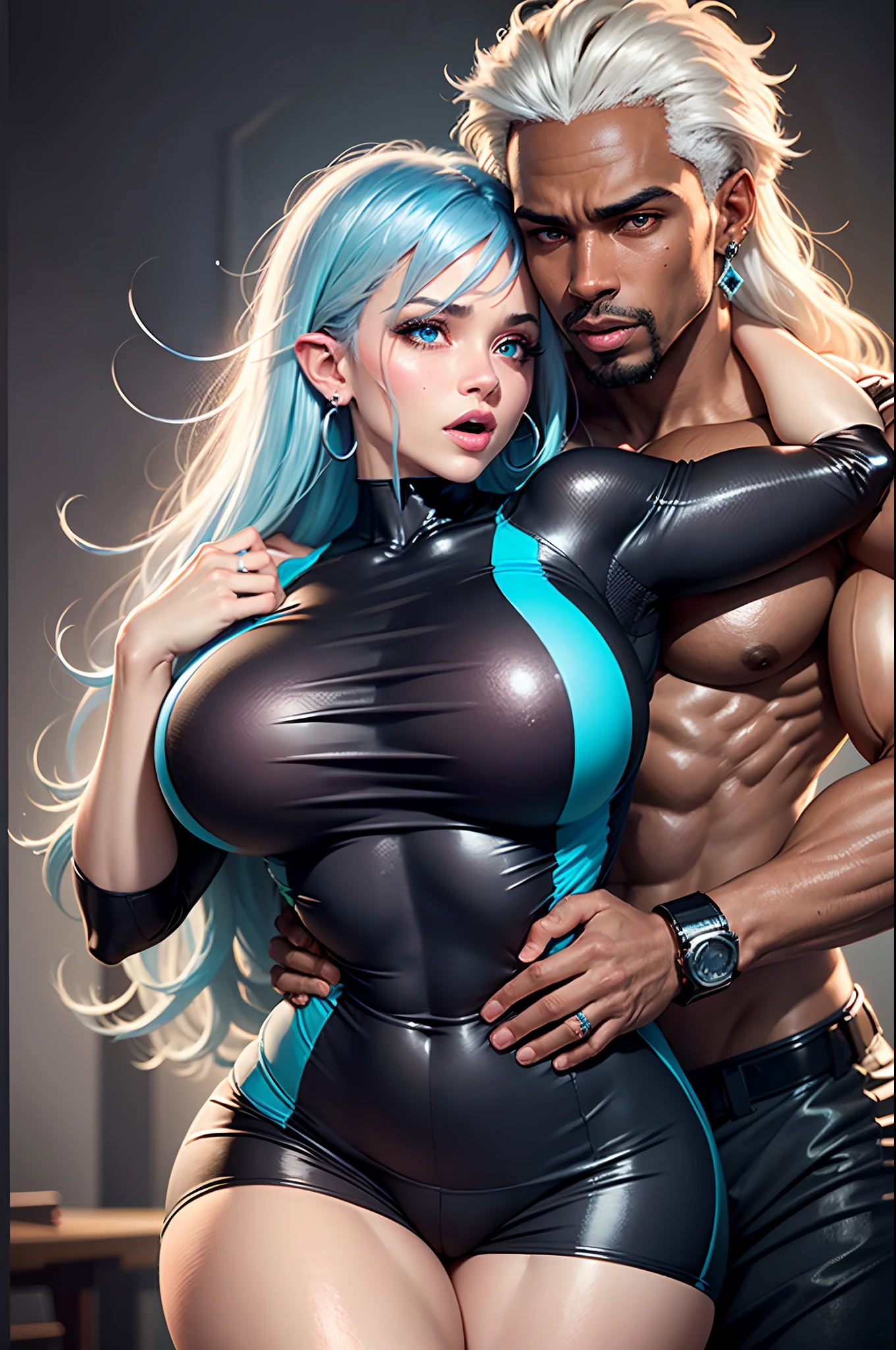 Middle-aged Woman, sexy thunder thighs, sexy voluptuous, gigantic breasts, slimmest waist, sexy mature face, wear summer light blue dress, black hair, glowing eyes, open mouth, blonde hair, white hair, messy hair, very long hair, symbol-shaped pupils, aqua eyes, glowing eyes, pointy ears, earrings, angry, embarrassed, mouth hold, seductive smile, heavy breathing, moaning, torogao, rape face. A black man, muscle handsome body, brown skin, wear exercise clothes. woman flustered snuggle kisses on black man passionately, black man caress woman, in romance snuggle kiss passionately poses. Gothic art, Realism, UHD, textured skin, super detail, 8k, 16k, high quality