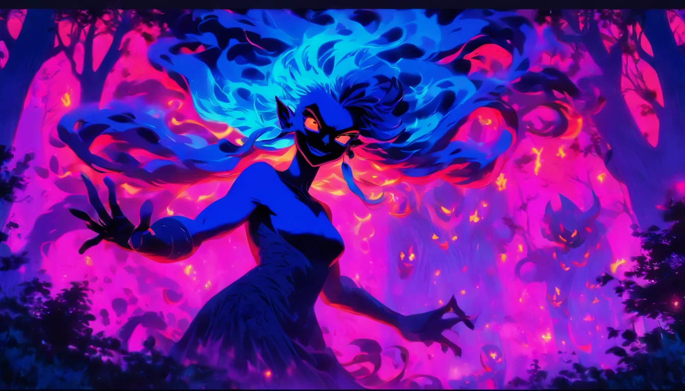 (a blue-haired demon woman,spells:1.1,glowing:1.1)(illustration)(best quality,ultra-detailed,realistic:1.37),demonic witch(demonic:1.1)(magic:1.1)(forest)(dark and mysterious,ominous atmosphere),casting powerful spells,creating magical energy(magic:1.1),vibrant pink hair(swirling pink hair)(flowing pink hair),horns(devil horns:1.1),piercing red eyes,enchanted scepter(magical scepter),elaborate dark robe,glowing magical sigils,fiery embers swirling(magical embers:1.1)(glowing embers),magical aura(glowing aura),eerie shadows,otherworldly presence(presence),sinister smile,nightfall in the background(dark night:1.1)(moonlit forest),lush and dense foliage(twisted trees)(mystical plants:1.1),mystical particles(swirling particles)(floating particles),ethereal glow(ethereal:1.1)(soft glow),faint moonlight breaking through the trees,haunting and captivating(scary atmosphere),bewitching beauty,wide range of colors(vivid colors)(contrasting colors),mystical realm,impressive details,dynamic composition,mesmerizing artwork,photorealistic style(picasso style),impressive shading and lighting,explosive energy,magical atmosphere(fantasy atmosphere),dreamlike scene