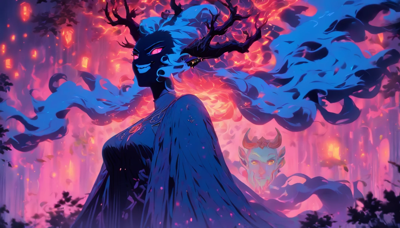 (a blue-haired demon woman,spells:1.1,glowing:1.1)(illustration)(best quality,ultra-detailed,realistic:1.37),demonic witch(demonic:1.1)(magic:1.1)(forest)(dark and mysterious,ominous atmosphere),casting powerful spells,creating magical energy(magic:1.1),vibrant pink hair(swirling pink hair)(flowing pink hair),horns(devil horns:1.1),piercing red eyes,enchanted scepter(magical scepter),elaborate dark robe,glowing magical sigils,fiery embers swirling(magical embers:1.1)(glowing embers),magical aura(glowing aura),eerie shadows,otherworldly presence(presence),sinister smile,nightfall in the background(dark night:1.1)(moonlit forest),lush and dense foliage(twisted trees)(mystical plants:1.1),mystical particles(swirling particles)(floating particles),ethereal glow(ethereal:1.1)(soft glow),faint moonlight breaking through the trees,haunting and captivating(scary atmosphere),bewitching beauty,wide range of colors(vivid colors)(contrasting colors),mystical realm,impressive details,dynamic composition,mesmerizing artwork,photorealistic style(picasso style),impressive shading and lighting,explosive energy,magical atmosphere(fantasy atmosphere),dreamlike scene