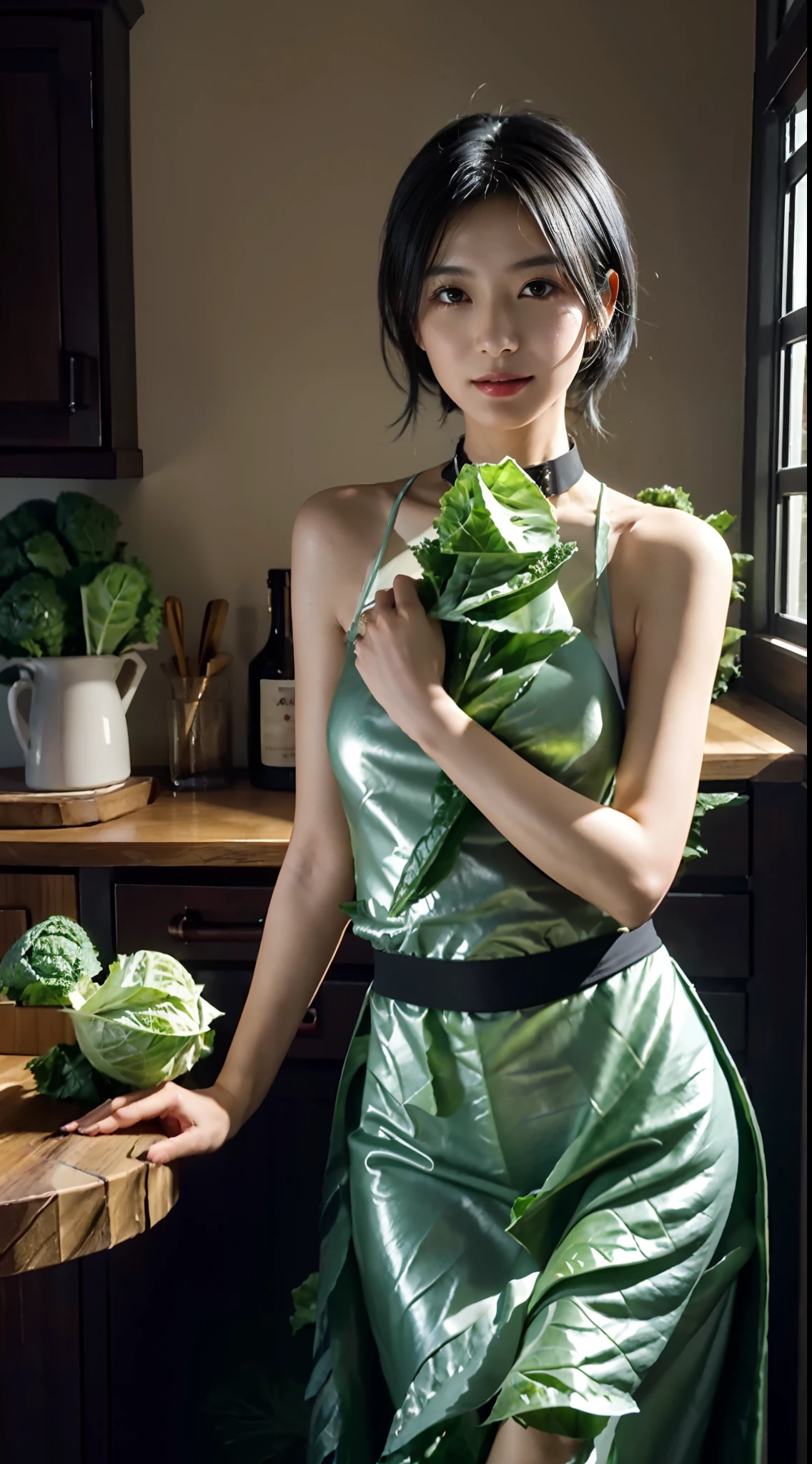 small head,  (perfect bodies: 1.1), (shoulder length straight short hair:0.9), (black hair:1.5),（极其细致的CG 8k壁纸），（Extremely refined and beautiful），（masterpiece），（best qualtiy：1.0），（超高分辨率：1.0），(upper body:1.3)，[A high resolution]，cheerfulness，Smile,(Smooth and flawless fair skin:1.5),(shiny skin:1.5),(dog collar:1.5),ultra - detailed,Elongated legs,(Small breasts:1.1),Flat chest,Slim，emaciated,(Maxi apron made of cabbage leaves:1.7),(round hips:1.3),(sharply hips:1.5),In kitchen,standing,(from front:1.3),(Close shot:1.3),nightfall，warm light,Several dishes on table,standing,(cowboy shot:1.3),(Portrait photo:1.3)