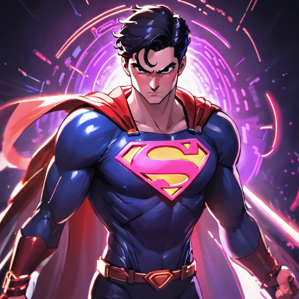 White Superman from DC, neon ring on background, cyberpunk art style, cyberpunk style, cyberpunk style, cyberpunk character, hyper-realistic cyberpunk style, cyberpunk color, powerful lighting, motion synchronization, dynamism, charged energy, hot action