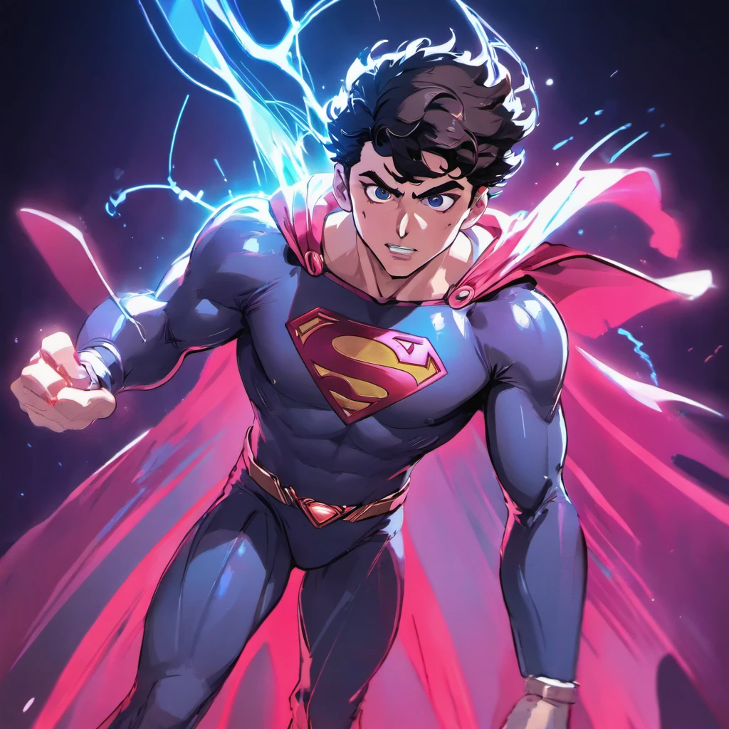 White Superman from DC, neon ring on background, cyberpunk art style, cyberpunk style, cyberpunk style, cyberpunk character, hyper-realistic cyberpunk style, cyberpunk color, powerful lighting, motion synchronization, dynamism, charged energy, hot action