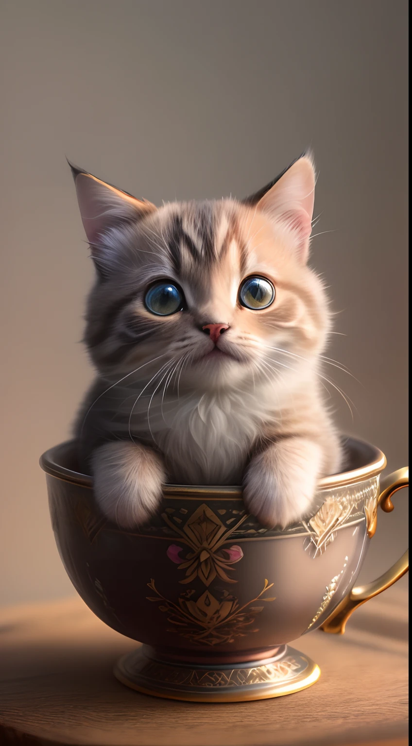 (Best quality,4K,8K,A high resolution,Masterpiece:1.2),Ultra-detailed,(Realistic,Photorealistic,photo-realistic:1.37),Escultura:1.37,Northern,south,Multiverse,Diverse landscape,Natural beauty,Ceramic craftsmanship,Glass surface,Cute teacup kitten,Flickering flames,Art gallery