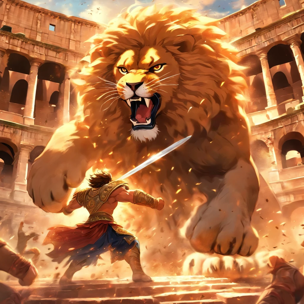 Samson fighting a lion in the colosseum
