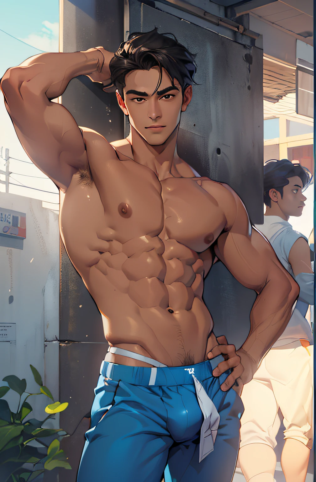 ((best quality, 8k, ultra-detalhado, master part: 1.3)), , pele brilhante, Sharp, Beleza Corporal Perfeita, corpo perfeito sombreado realista, (cute baby facenderwear, large bulge ":1.2),(dynamic pose:1.1), coxa , quarto