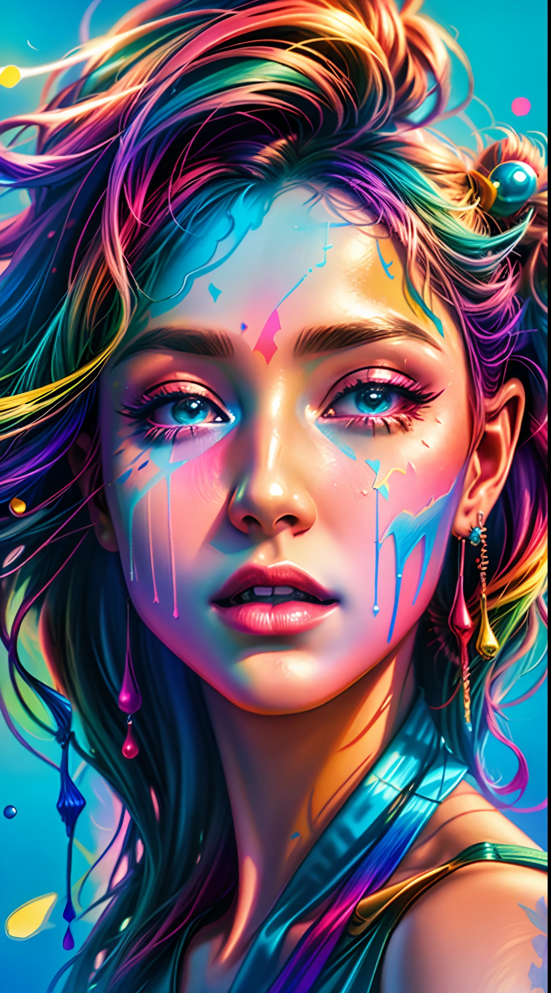 uma mulher com maquiagem colorida e arte de maquiagem, cores vibrantes hiper realismo, Pintura digital vibrante, cores realistas vibrantes, Bela arte UHD 4K, arte colorida, Arte digital 4K realista, Arte digital 4K realista, pintura digital colorida, gotejamento com cor, arte de fantasia digital colorida, full-colour illustration, arte digital colorida, RossDraw pastel vibrante, Arte Digital 4K