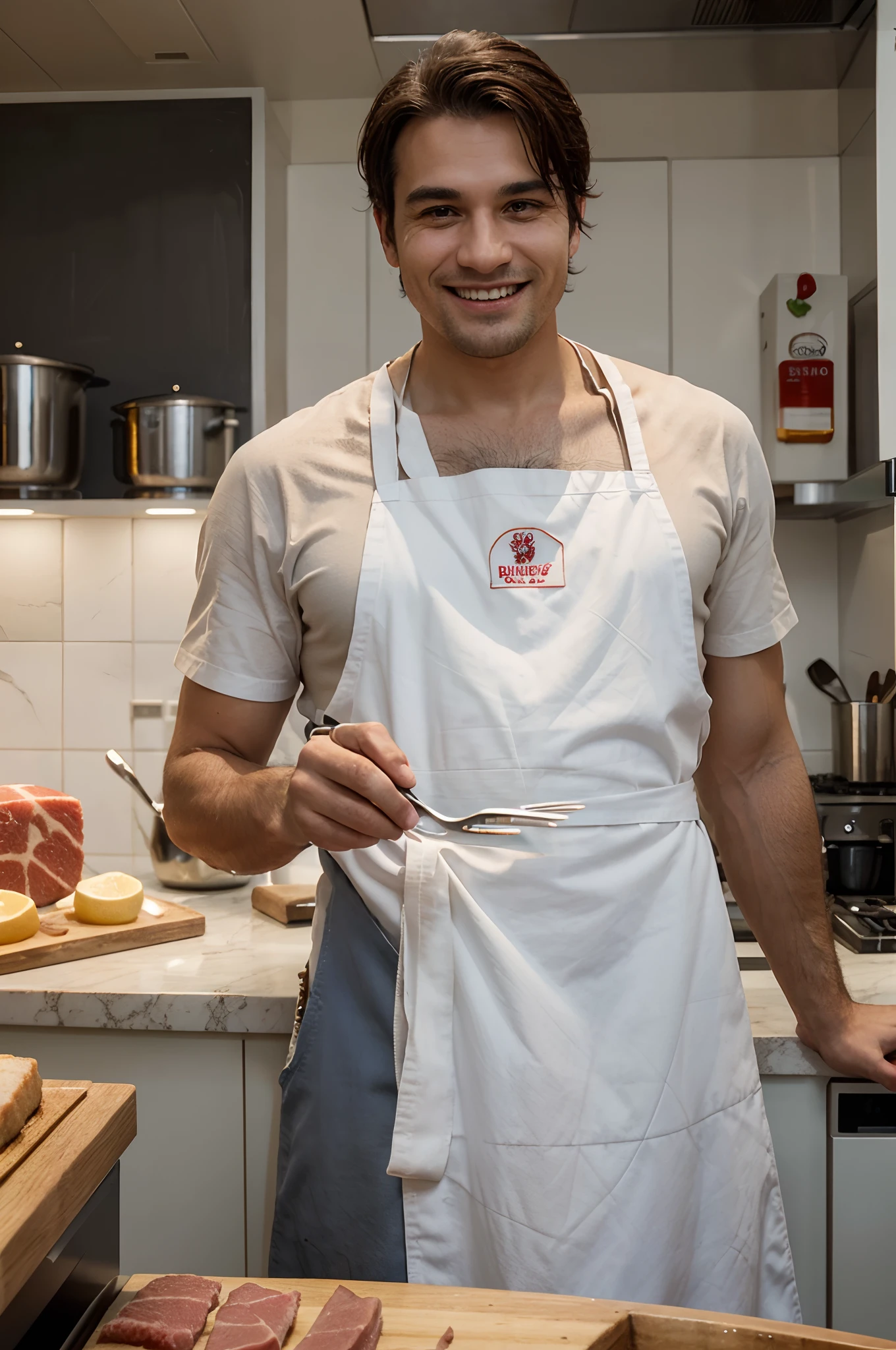 Describe a detailed scene of a butcher with a cheerful smile in his work environment. The butcher is holding a fork in one hand and a cleaver in the other. He is dressed in a white apron that has the inscription 'Biorchi Casa de Carnes' in the center. Detail the Butcher's Appearance, the surrounding environment and any additional elements that help create a vivid picture of the scene
