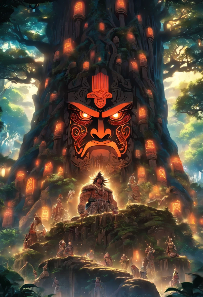 (((Tāne Mahuta))) best quality, ultra-high resolution, 4K detailed CG, masterpiece,maori god,tree god,maori totem,aesthetics,sumerian, ((wooden god)), beautiful image, centered on the screen,