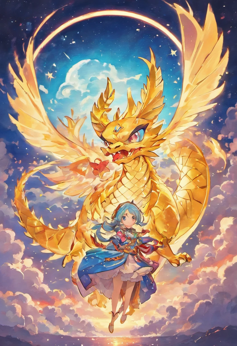 Cute golden Chinese dragon in the sky, Cloud, sol, vento, Ano novo lunar, flores da primavera, lanterna vermelha, fundo colorido, extremely high quality, Full-HD, happy dragon, 2023, 。.。...3d, (arte em papel, Arte em papel acolchoado, geometria), extremamente colorido, Beleza do anime, extremamente colorido, colorful illustrations, Aquarelas((master part))), illustration