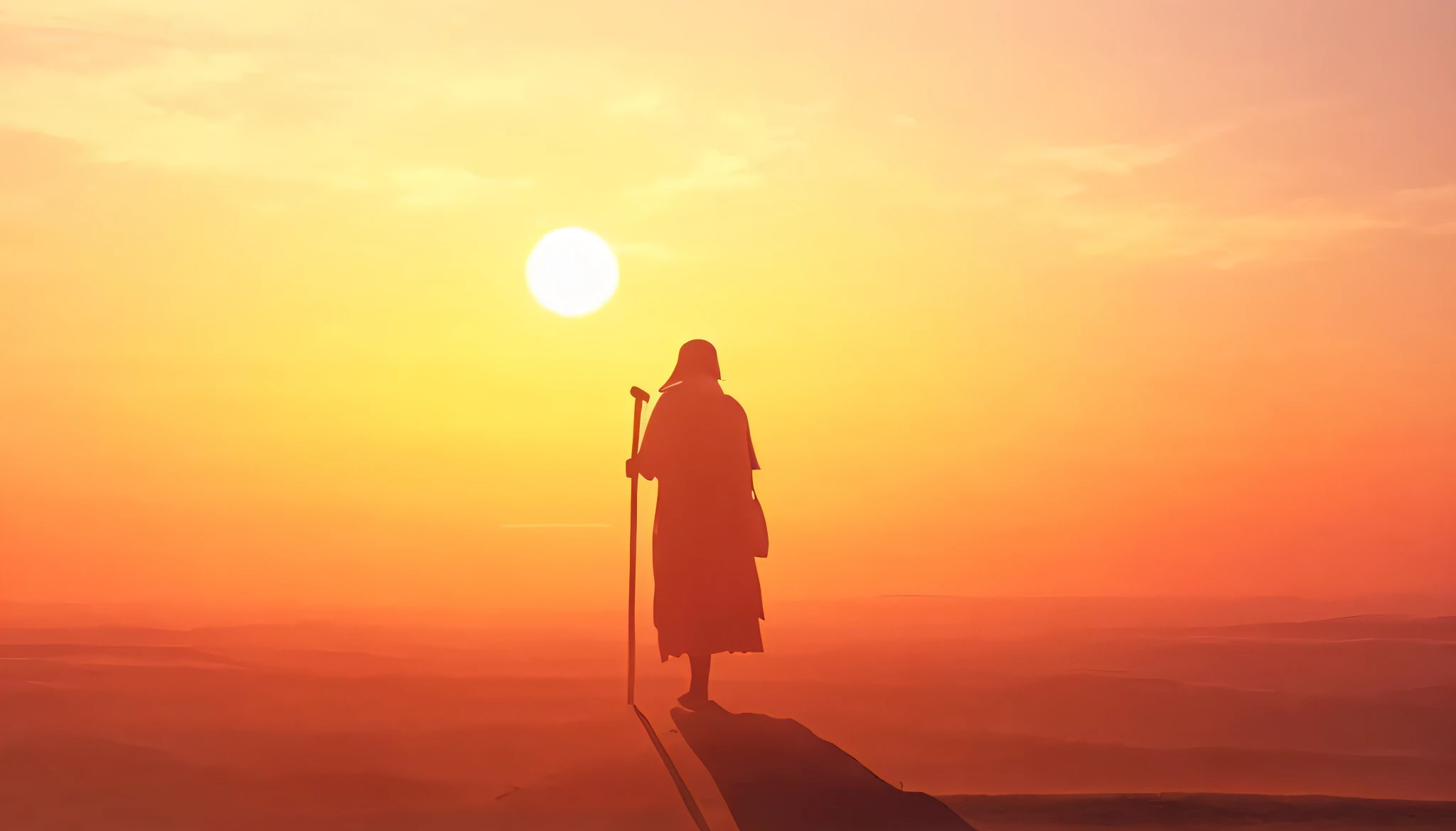 Arafed man with a staff standing on a hill at sunset, Rezando ao Sol, holy man looking down at the ground, ancient japanese monk, Monge budista, monge, Imagem absolutamente excepcional, imagem de corpo inteiro de um monge masculino, Looking at a sunset, monge meditar, sun is in the top, silhouetted over sunset, looking at sunset, with a sunset.