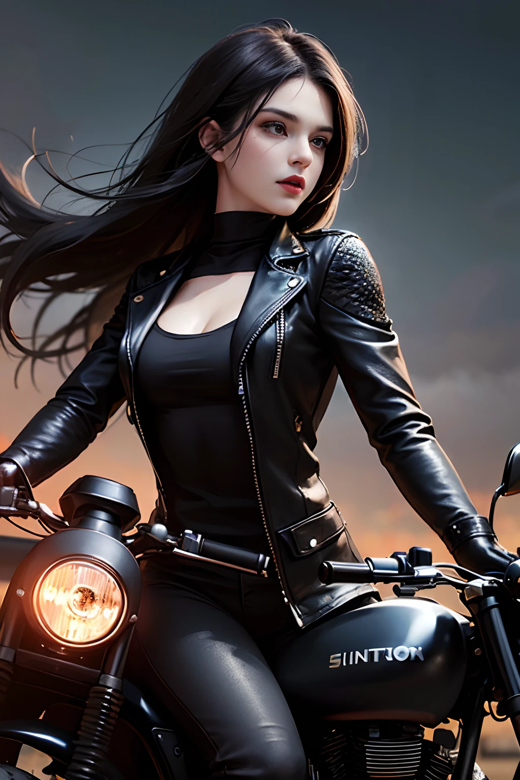 (skindentation:1.5), Realistic, Photorealistic, (masterpiece:1.5), concept art, intricate details, highly detailed, photorealistic, octane render, 8k, unreal engine, dynamic pose, best quality, highres, (realistic face:1.1), (hyperrealistic:1.1), ((full_body)), perfect eyes,(shiny skin:1.2), (((hairstyle))), (((perfect hands))), (extremely detailed background), ((dynamic background)), ((large moon)), ((1girl)), wearing black leather jacket, black leather long pants, black t-shirt, black boots, (((flowing jacket))), ((detailed eyes, high quality eyes, high quality face)), (extremely intricate jacket), long black hair, ((dramatic)), epic, city, depth of field, bokeh, 4k, (((riding motorcycle))), college