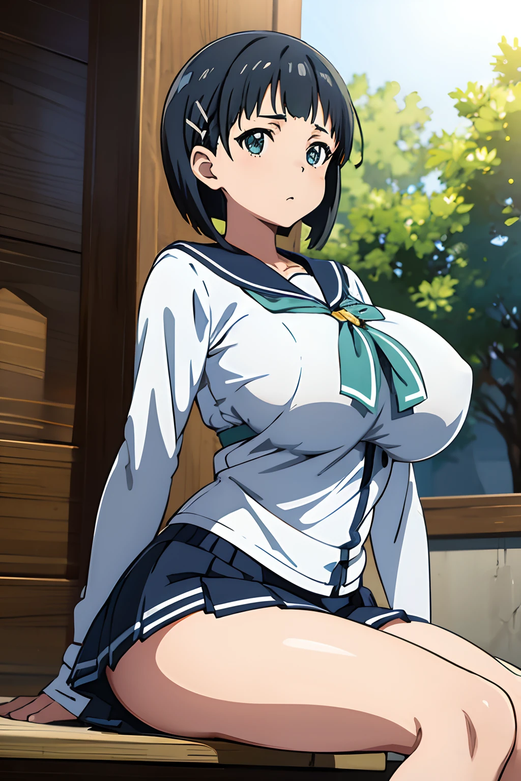 huge tits, Naoha Kirigaya(sword art online), 1girl, bob hair, hairclip, ​masterpiece、top-quality、sailor uniform、huge tit、A sexy、school、dynamic angle,