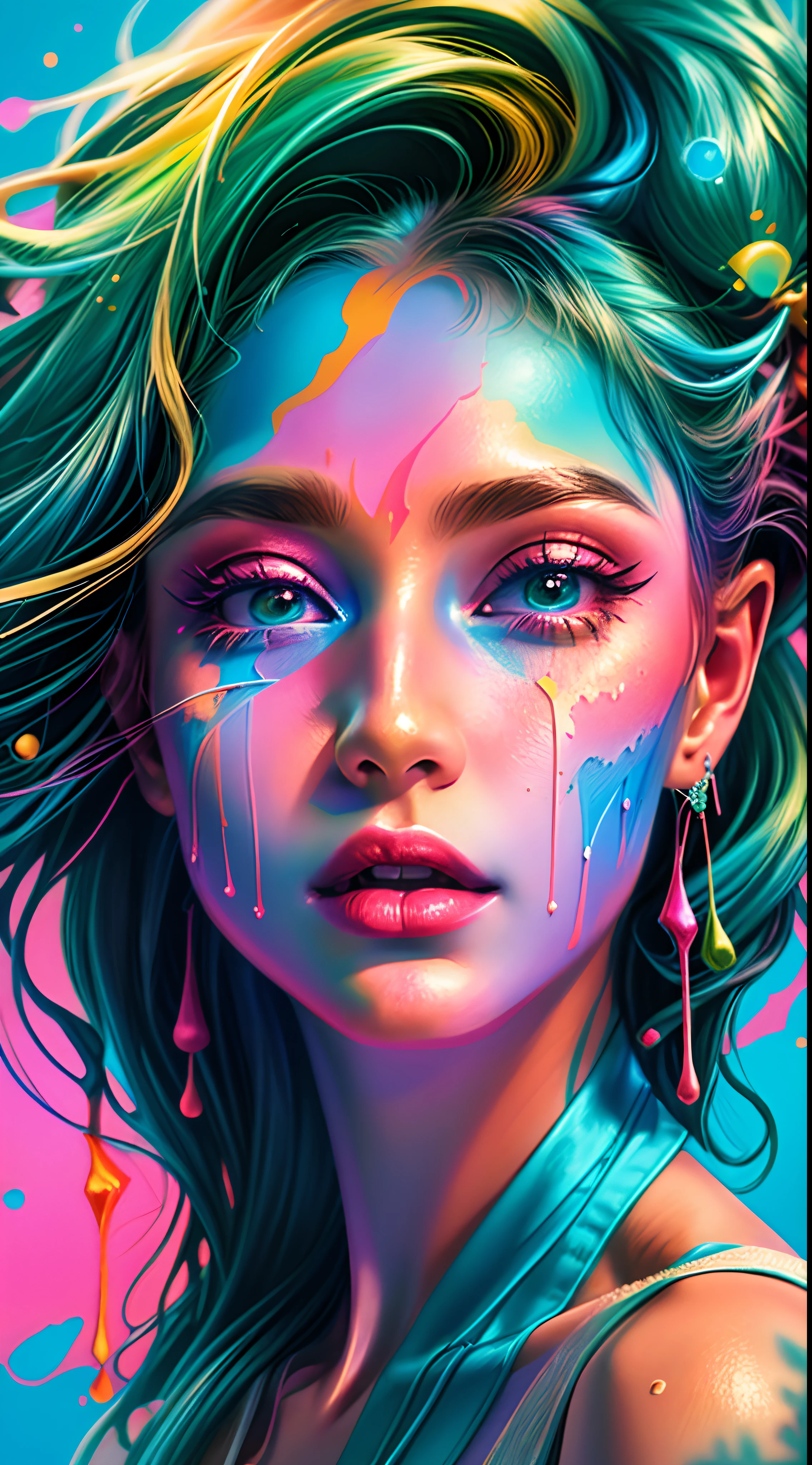 uma mulher com maquiagem colorida e arte de maquiagem, cores vibrantes hiper realismo, Pintura digital vibrante, cores realistas vibrantes, Bela arte UHD 4K, arte colorida, Arte Digital 4K Realista, Arte Digital 4K Realista, pintura digital colorida, gotejamento com cor, arte de fantasia digital colorida, full-colour illustration, arte digital colorida, RossDraw pastel vibrante, Arte Digital 4K