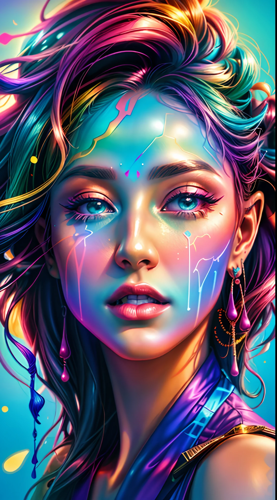 uma mulher com maquiagem colorida e arte de maquiagem, cores vibrantes hiper realismo, Pintura digital vibrante, cores realistas vibrantes, Bela arte UHD 4K, arte colorida, Arte digital 4K realista, Arte digital 4K realista, pintura digital colorida, gotejamento com cor, arte de fantasia digital colorida, full-colour illustration, arte digital colorida, RossDraw pastel vibrante, Arte Digital 4K