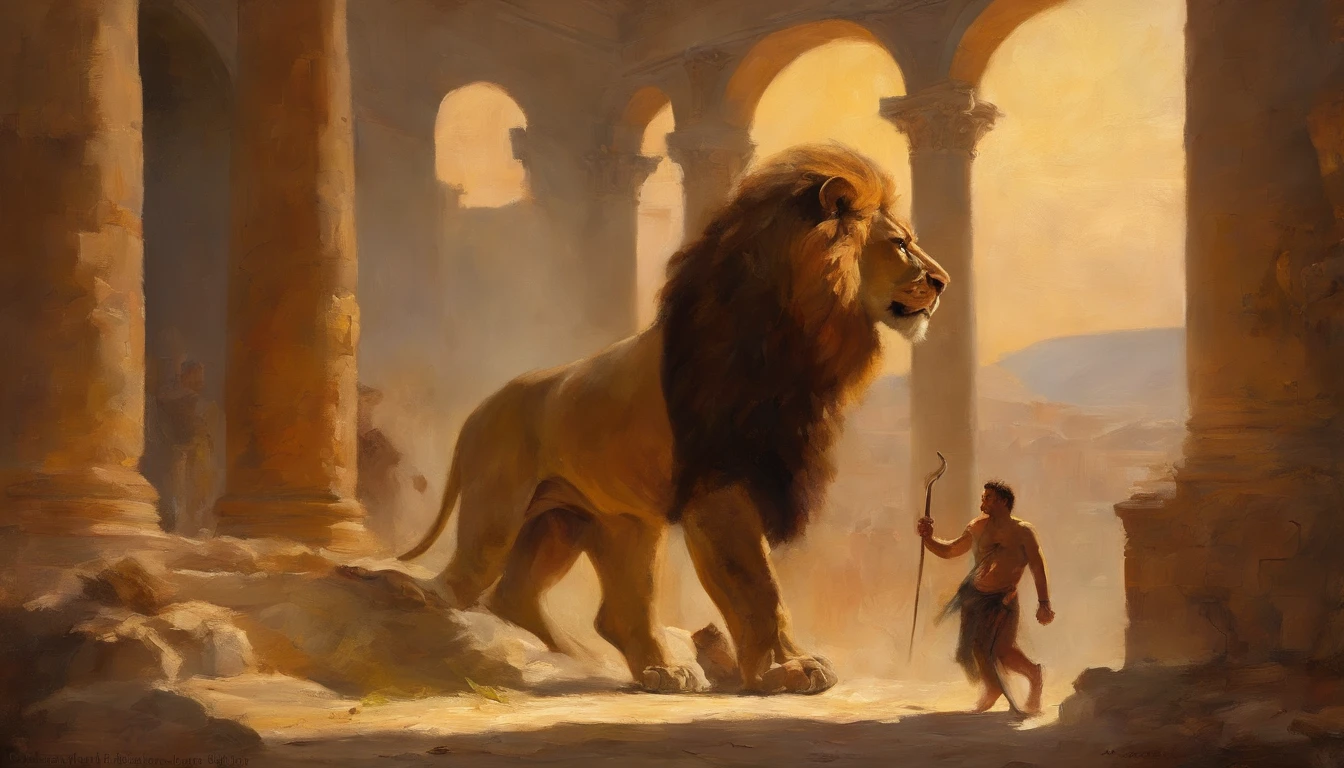 Samson fighting a lion in the colosseum
