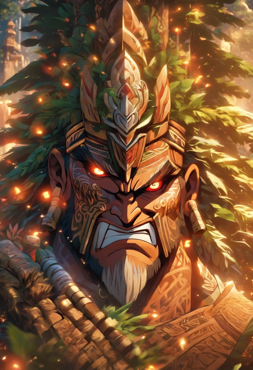 (((Tāne Mahuta))) best quality, ultra-high resolution, 4K detailed CG, masterpiece,maori god,maori totem,aesthetics,sumeria, ((wooden god)), beautiful picture, screen-centered,