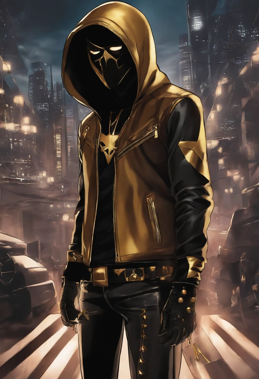 Peni Parker anime chatting with an anti-hero who wears a leather jacket with gold markings and wears a black mask with gold markings, black jeans and a mysterious logo on his chest, and who wears a hood with gold markings and boots with gold markings with skulls