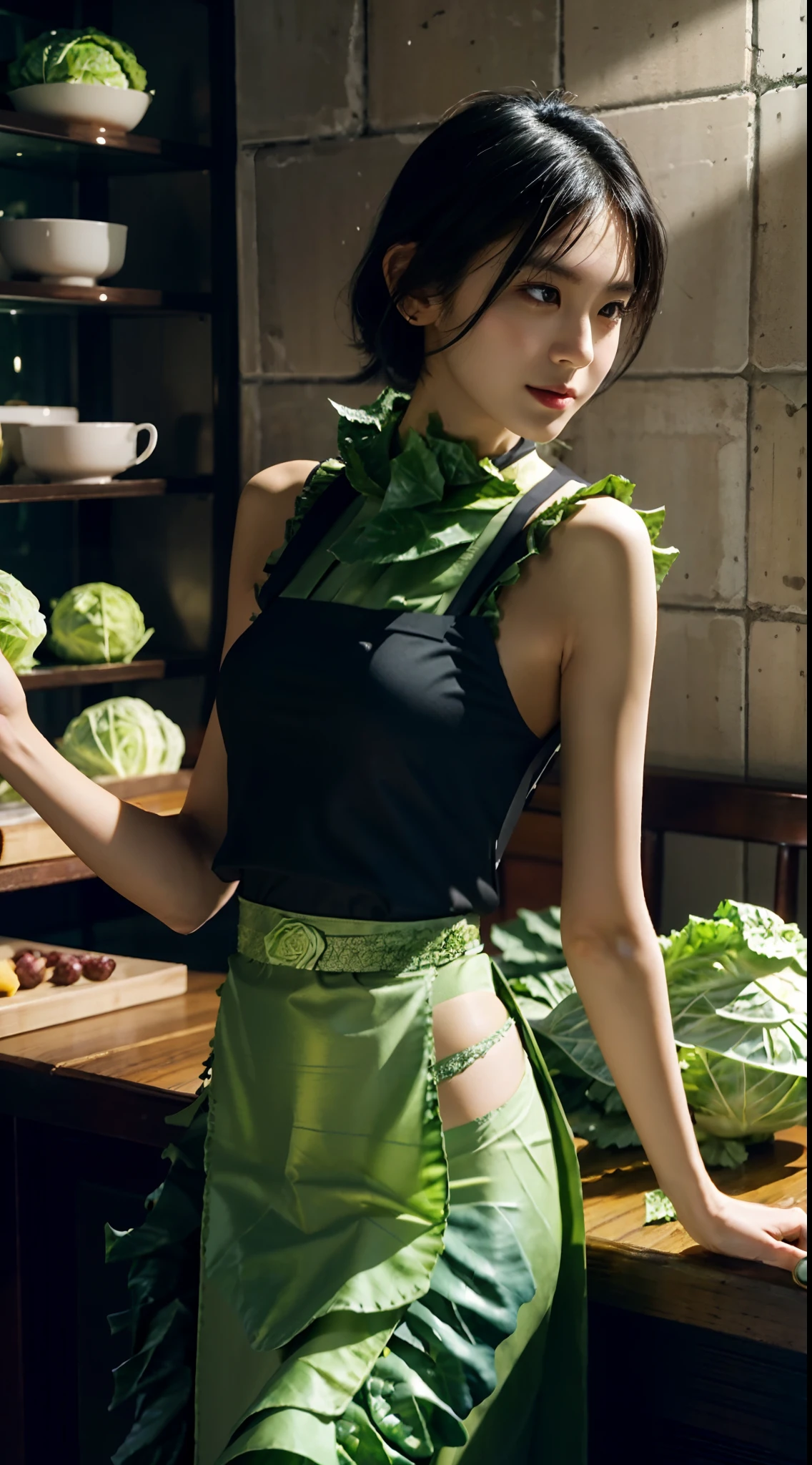 small head,  (perfect bodies: 1.1), (shoulder length straight short hair:0.9), (black hair:1.5),（极其细致的CG 8k壁纸），（Extremely refined and beautiful），（masterpiece），（best qualtiy：1.0），（超高分辨率：1.0），(upper body:1.3)，[A high resolution]，cheerfulness，Smile,(Smooth and flawless fair skin:1.5),(shiny skin:1.5),(dog collar:1.5),ultra - detailed,Elongated legs,(Small breasts:1.1),Flat chest,Slim，emaciated,(Maxi apron made of cabbage leaves:1.7),(round hips:1.3),(sharply hips:1.5),In kitchen,standing,(from front:1.3),(Close shot:1.3),nightfall，warm light,Several dishes on table,standing,(cowboy shot:1.3),(Portrait photo:1.3)