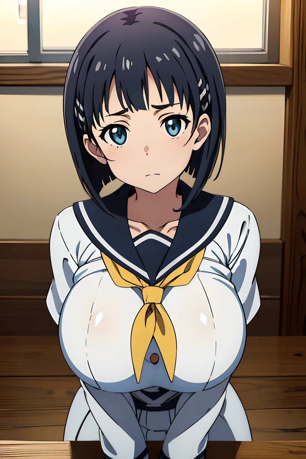 huge tits, Naoha Kirigaya(sword art online), 1girl, bob hair, hairclip, ​masterpiece、top-quality、sailor school uniform、huge tit、A sexy、school、dynamic angle, view at camera