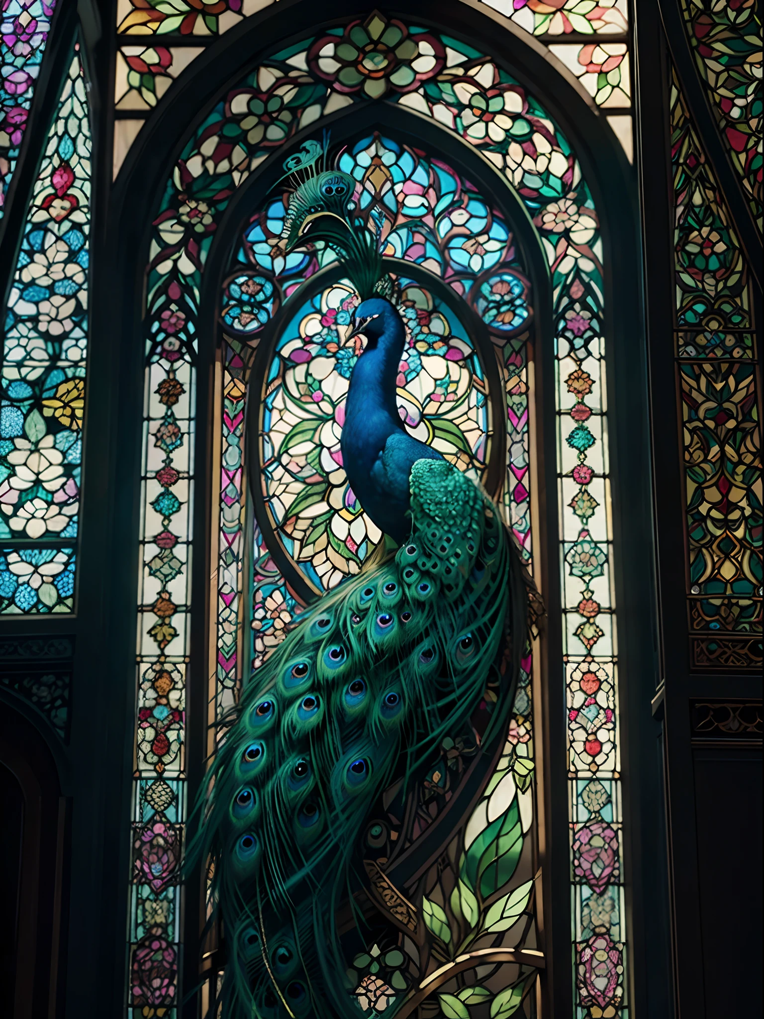 Colorful peacock in park, stained glass, art nouveau, intricate artwork, ominous, epic, highly detailed, vibrant --auto