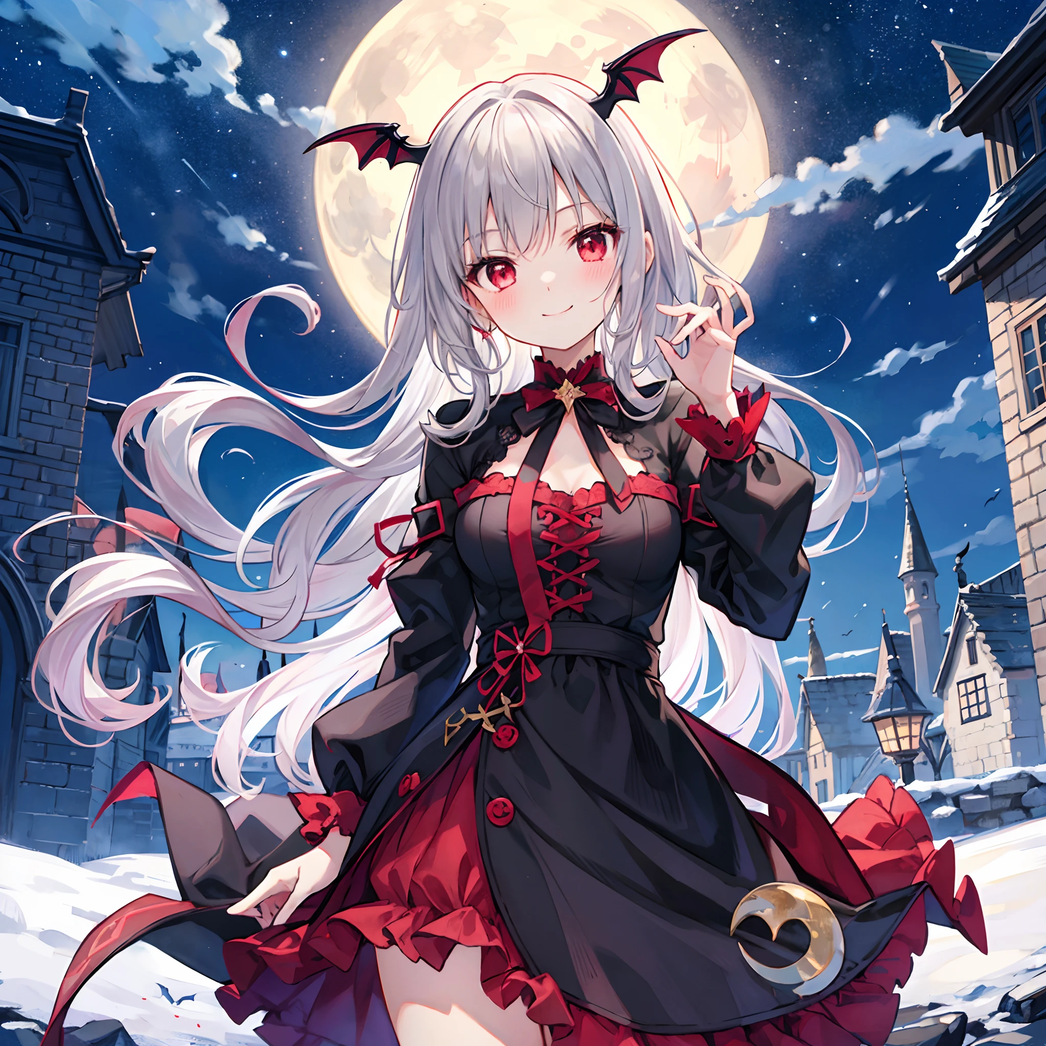 Wavy Gray Hair、red eyes、One beautiful vampire girl、red blush、Black dress、Midnight、A smile、Western castles、a moon