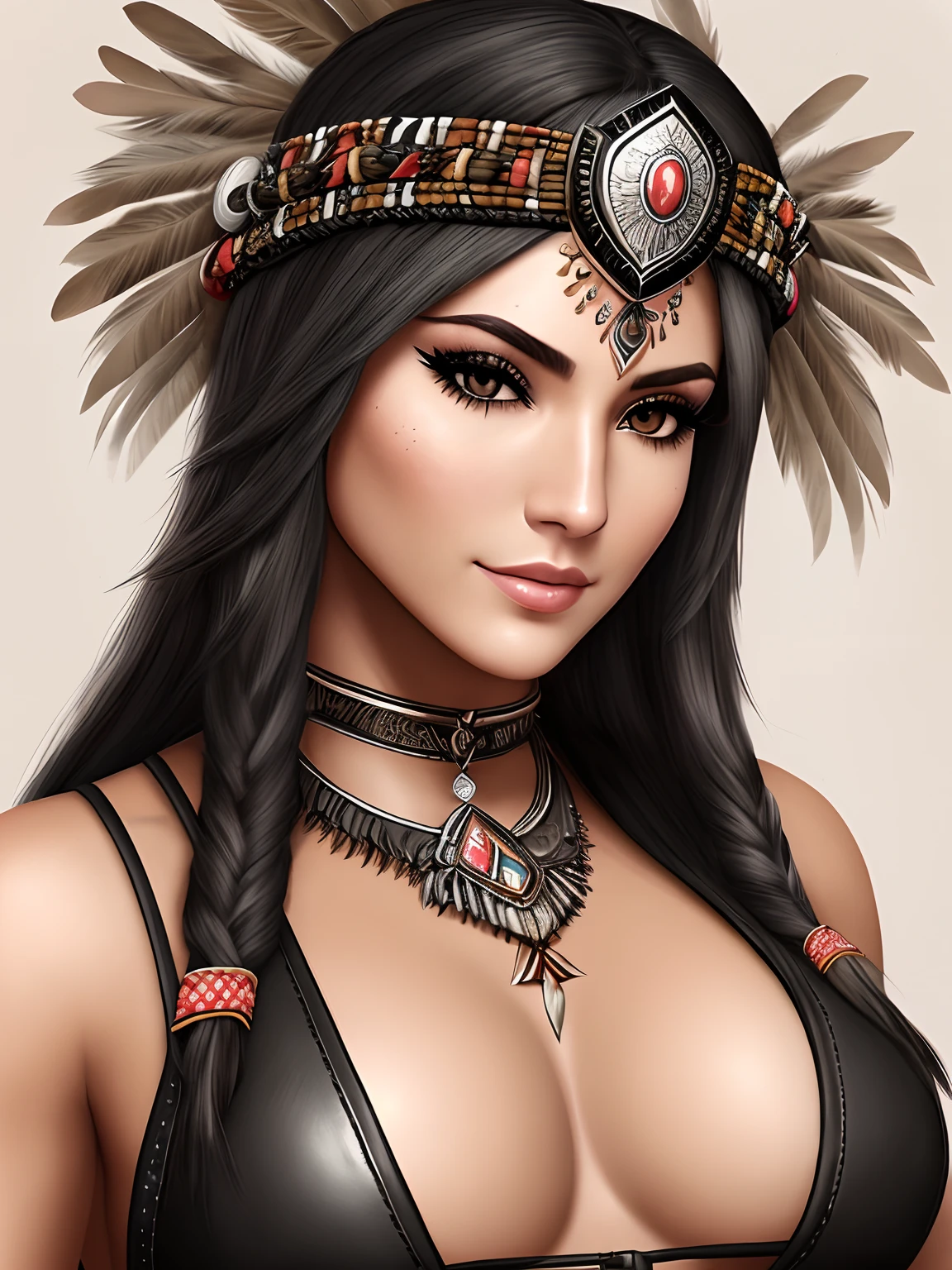 Beautiful 28 Year Old Tribal Warrior Hunter Archer Woman Cave Wearing Feathers, War beanies and leather bracelets with Apache tribal warrior makeup on face and riding and riding big Harley Davidson motorcycle big and heavy helicopter. Create a Highly Detailed Digital Illustration, mulher tribal vestindo roupa de couro tribal animal, dinamic pose, , com detalhes intrincados e texturas naturais, rosto de mulher altamente detalhado, with a symmetrical and realistic representation. Expression of determination and confidence, com olhos altamente detalhados que refletem a intensidade do momento. roupa de altamente detalhada, com texturas naturais e detalhes intrincados, mulheres goreanas com casacos de peles em ombros, closeup, olhos cor de rosas detalhados