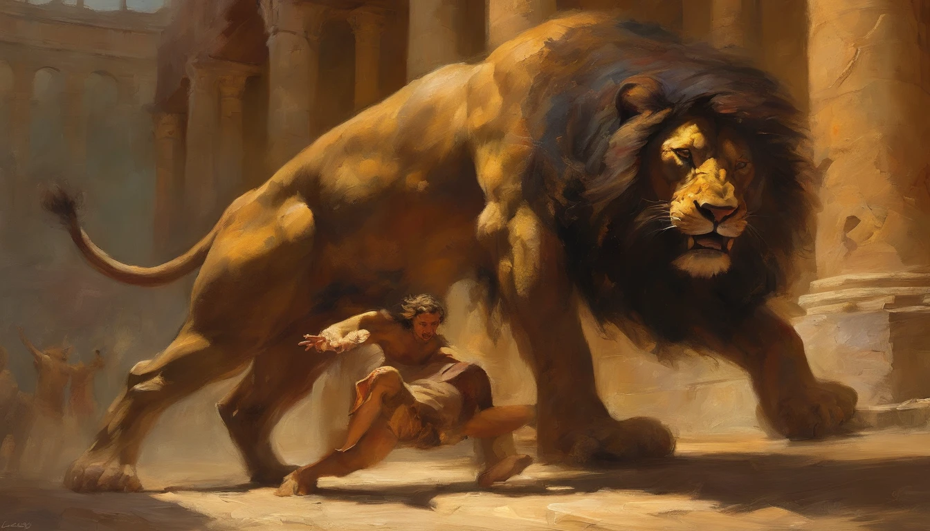Samson fighting a lion in the colosseum