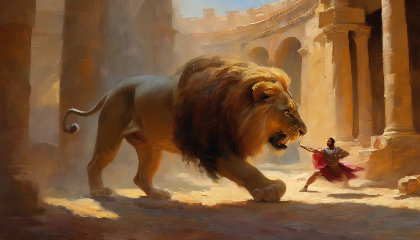 Samson fighting a lion in the colosseum
