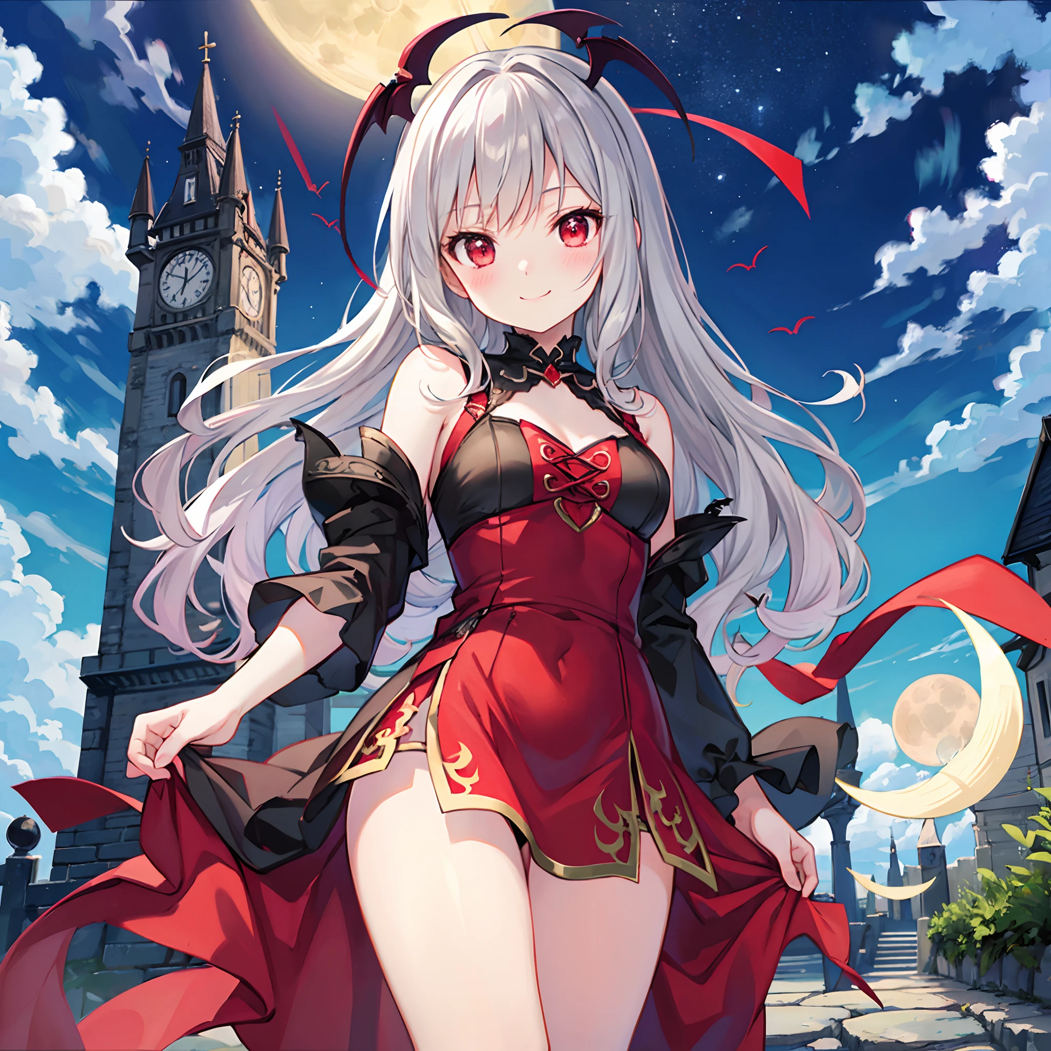 Wavy Gray Hair、red eyes、One beautiful vampire girl、red blush、Black dress、Midnight、A smile、Western castles、a moon
