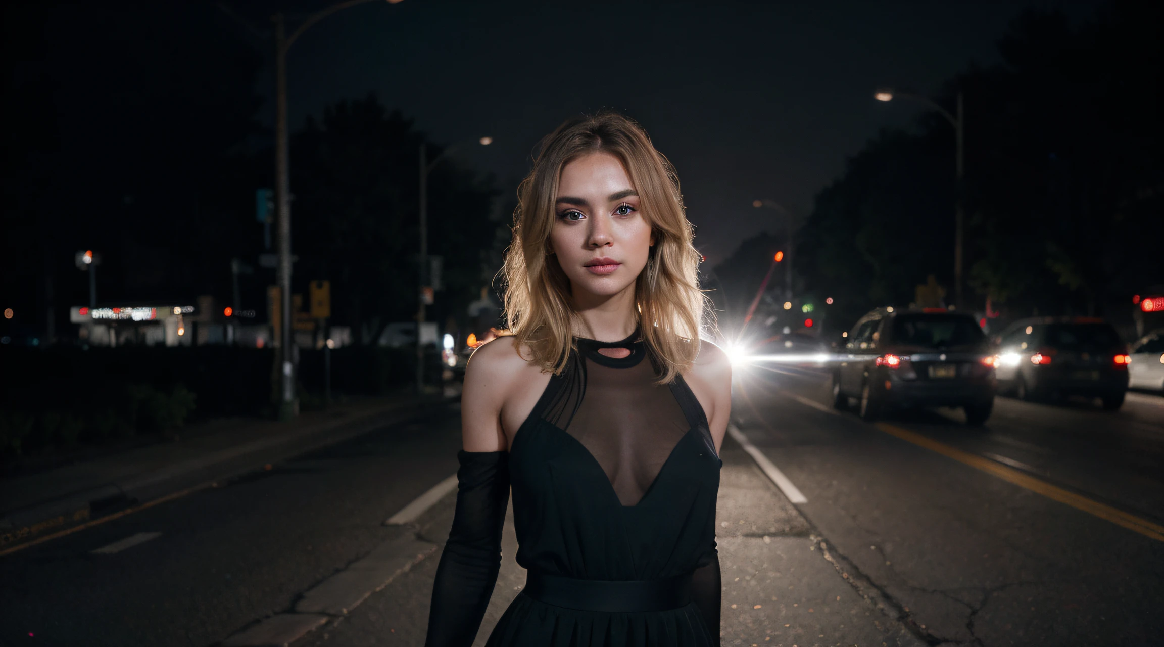 cinematic photography professional photography, create an image of a beautiful young woman of 26 years old, dark green eyes, blonde hair, standing, frontal pose, dressed in a black dress, headshot n-4 f1.8 hd wallpaper photography trend on instagram Award-winning photo 4k 8k detailed hyperrealistic cinematic photo beautiful volumetric lighting octane render unreal engine 5 rendered with nanite canon eos r3 fujifilm x-t 30 sony alpha gw 6 0 d mark iv lens flare dark lights. 35mm photography, film, bokeh, professional, 4k, headshot n -4 f1.8 hd wallpaper photography trending on instagram 4k award-winning photo 8 k detailed hyper-realistic cinematic shot beautiful volumetric lighting octane render unreal engine 5 rendered with canon nanite lens eos r3 fujifilm x - t 30 sony alpha gw 6 0 d mark iv dark signal lights. 35mm photography, film, bokeh, professional, 4k, highly detailed