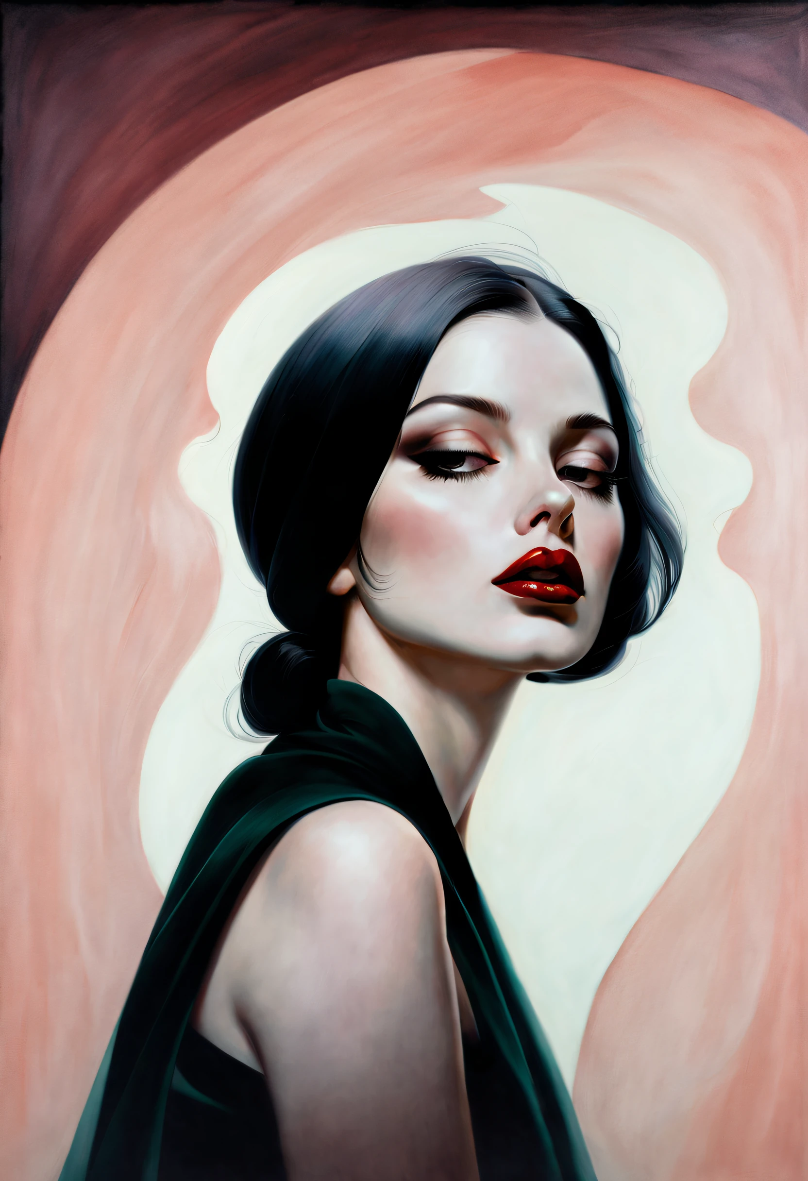 chiaroscuro technique on sensual illustration of an elegant woman, vintage beauty, eerie, very matte painting, by Hannah Dale, by Harumi Hironaka, extremely soft colors, vibrant, highly detailed, malcolm liepke painting, oil on canvas,  high contrast, dramatic, refined, tonal, Create high contrast between light and shadow