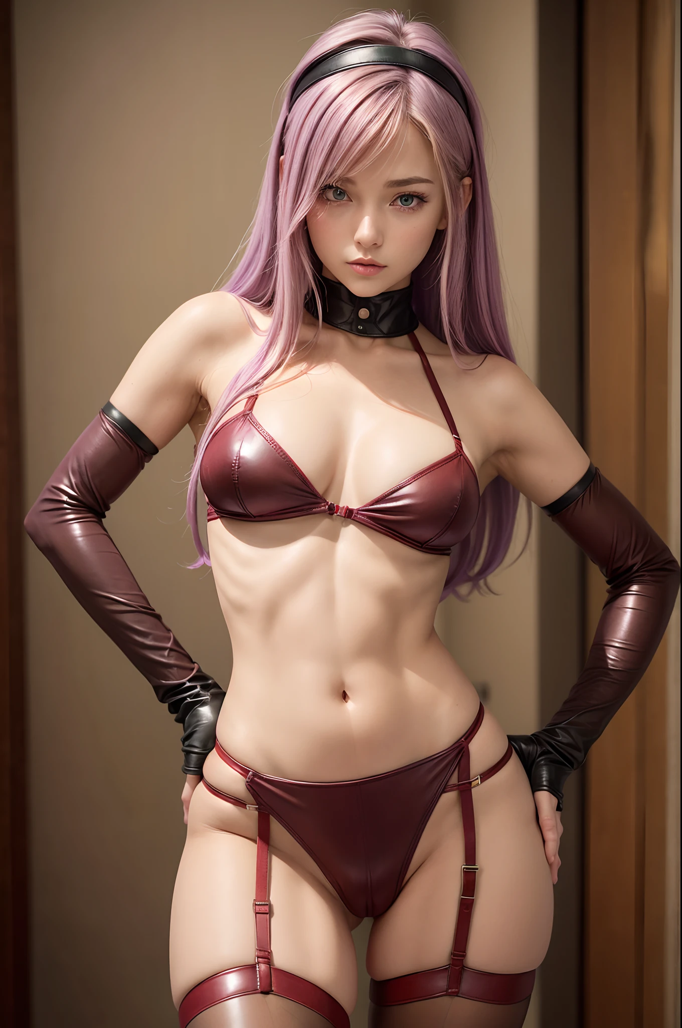 8k, A beautiful -yeld ble woman, purple hair, black headband, green eyes, fitted red leather minidress with sexy neckline, (no bra), detail of body and face, defined thighs, beautiful buttocks, black garter belt, ((no panties)), ((camel toe)), ((3/4 body shot))