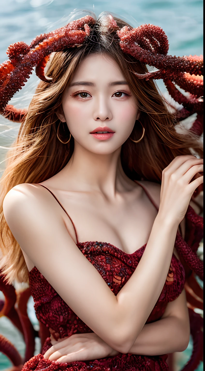 A model, hyper realistic faces, goddess, she is wearing a beautiful long flowing vivid red dress made entirely of red sea urchins and anenome tentacles, highly detailed portrait photography with depth of field, full body --v 4 --ar 9:16 --q 2, midshot, blonde long hair