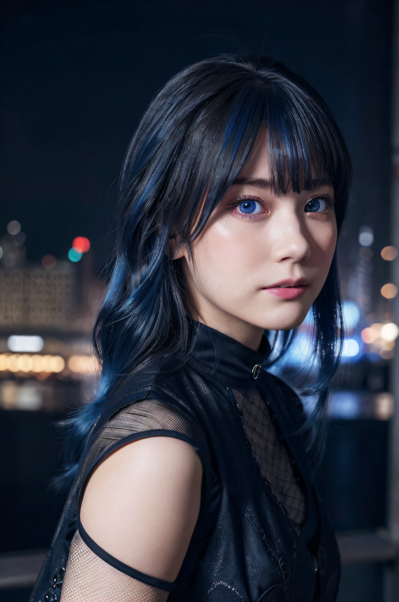 ((masutepiece)), ((Best Quality)), (Ultra-detailed), ((Extremely detailed)), 4K, (8K), Best Quality, (Beautiful), Dynamic Angle, city, Town, Night, Cute little girl s, 1girl in, Solo, Steampunk, Beautiful blue hair 0, ((Beautiful eyes)), Mesh, Cool, Neon light, shiny