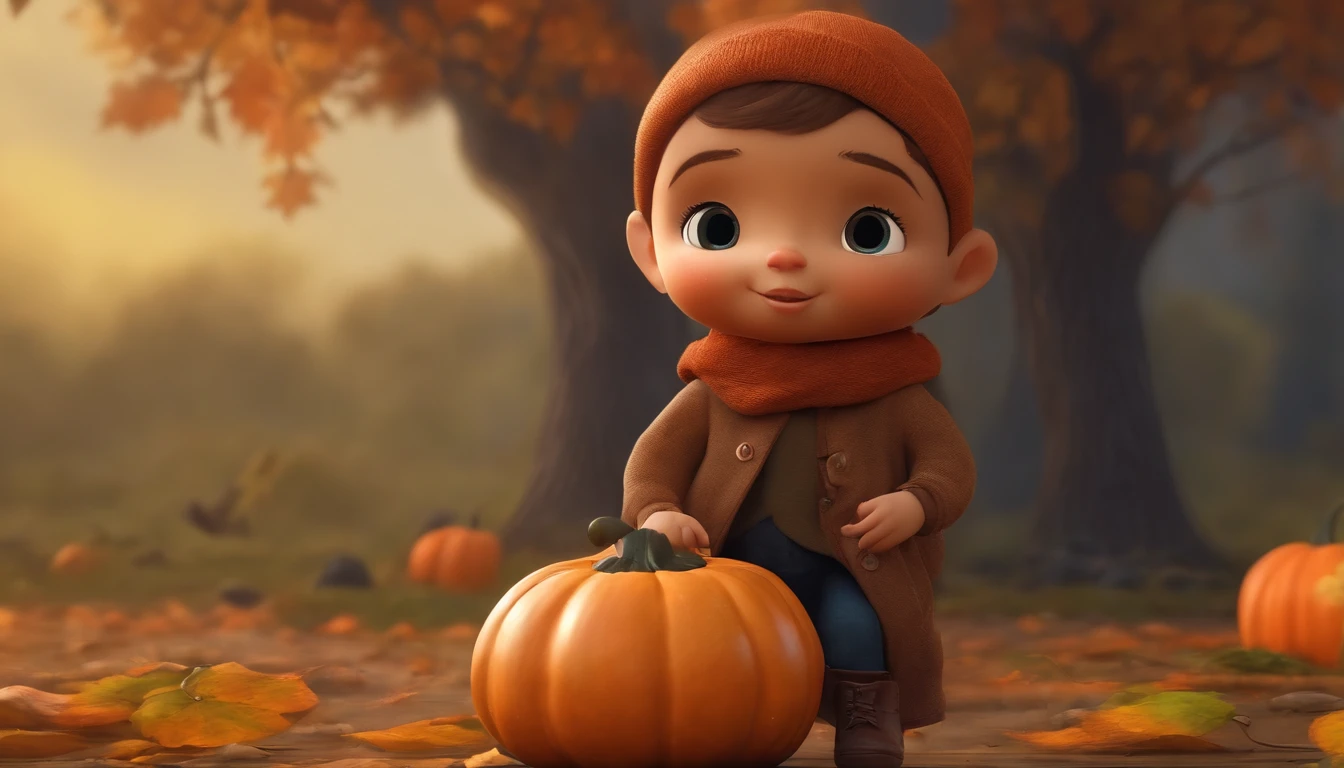 Animated with pumpkin head and face, adorable, ropa casual, cabello marron liso, con dos calabazas a su lado en el suelo, Pescador
