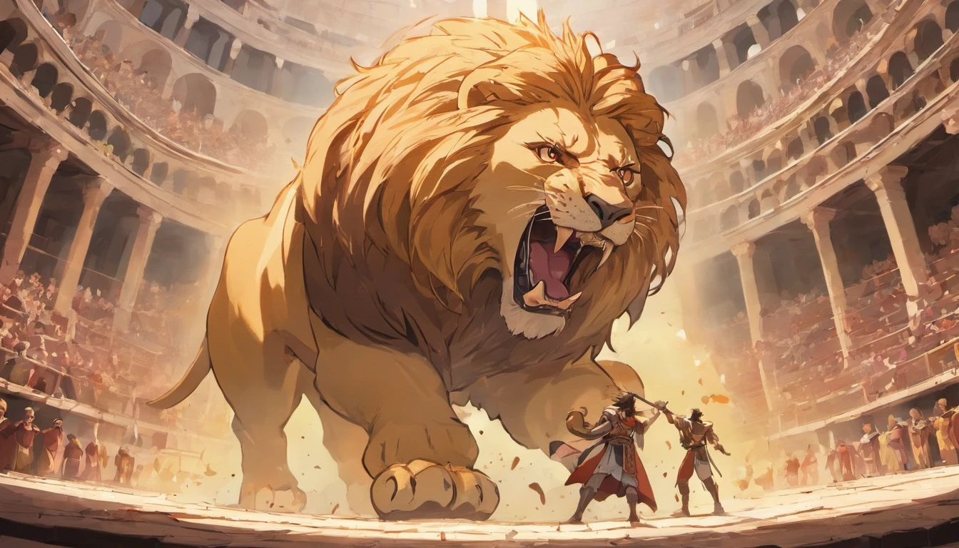 Samson fighting a lion in the colosseum