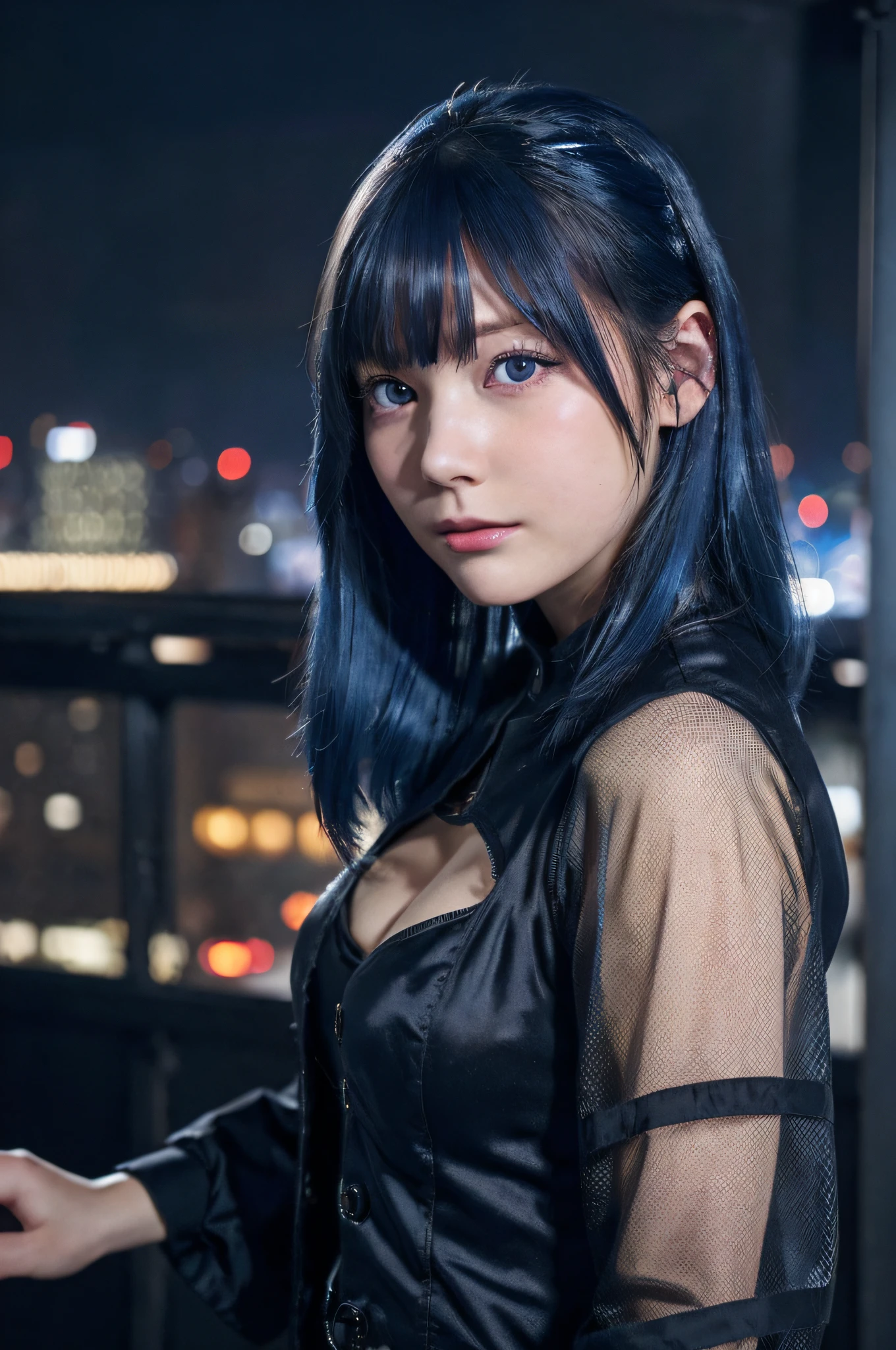 ((masutepiece)), ((Best Quality)), (Ultra-detailed), ((Extremely detailed)), 4K, (8K), Best Quality, (Beautiful), Dynamic Angle, city, Town, Night, Cute little girl s, 1girl in, Solo, Steampunk, Beautiful blue hair 0, ((Beautiful eyes)), Mesh, Cool, Neon light, shiny