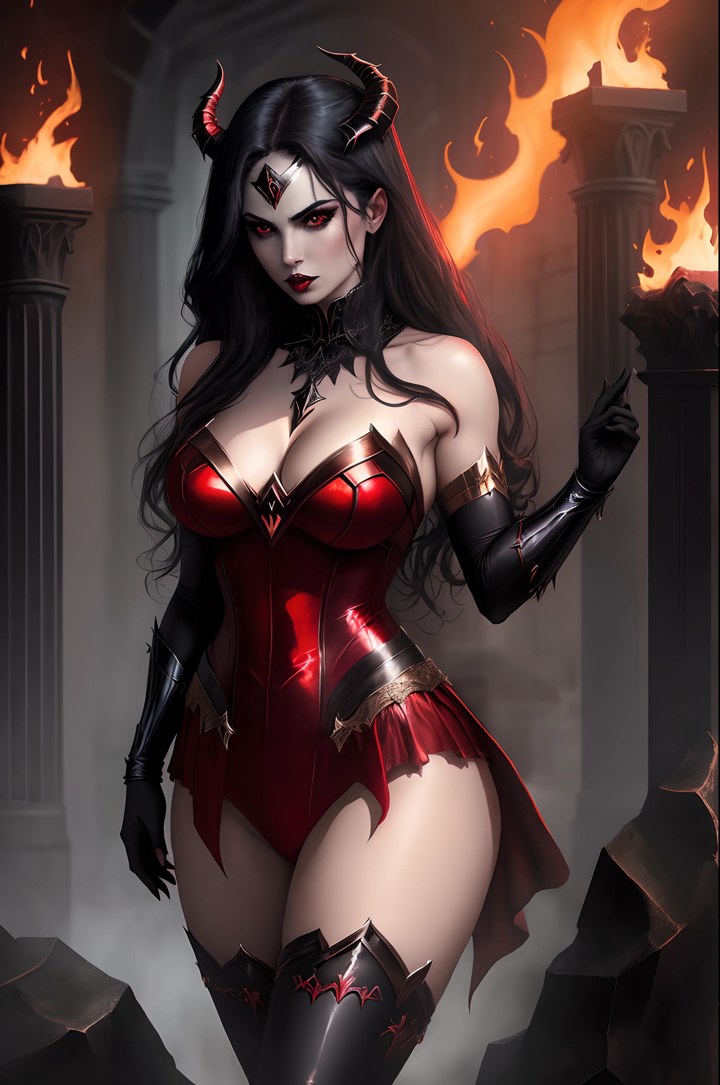 In a hauntingly gothic composition, depict an alluring and formidable demoness inspired by Wonder Woman. She dons suggestive attire with a dark allure and stands amidst an ominous setting, surrounded by mystical flames of deep crimson and black.