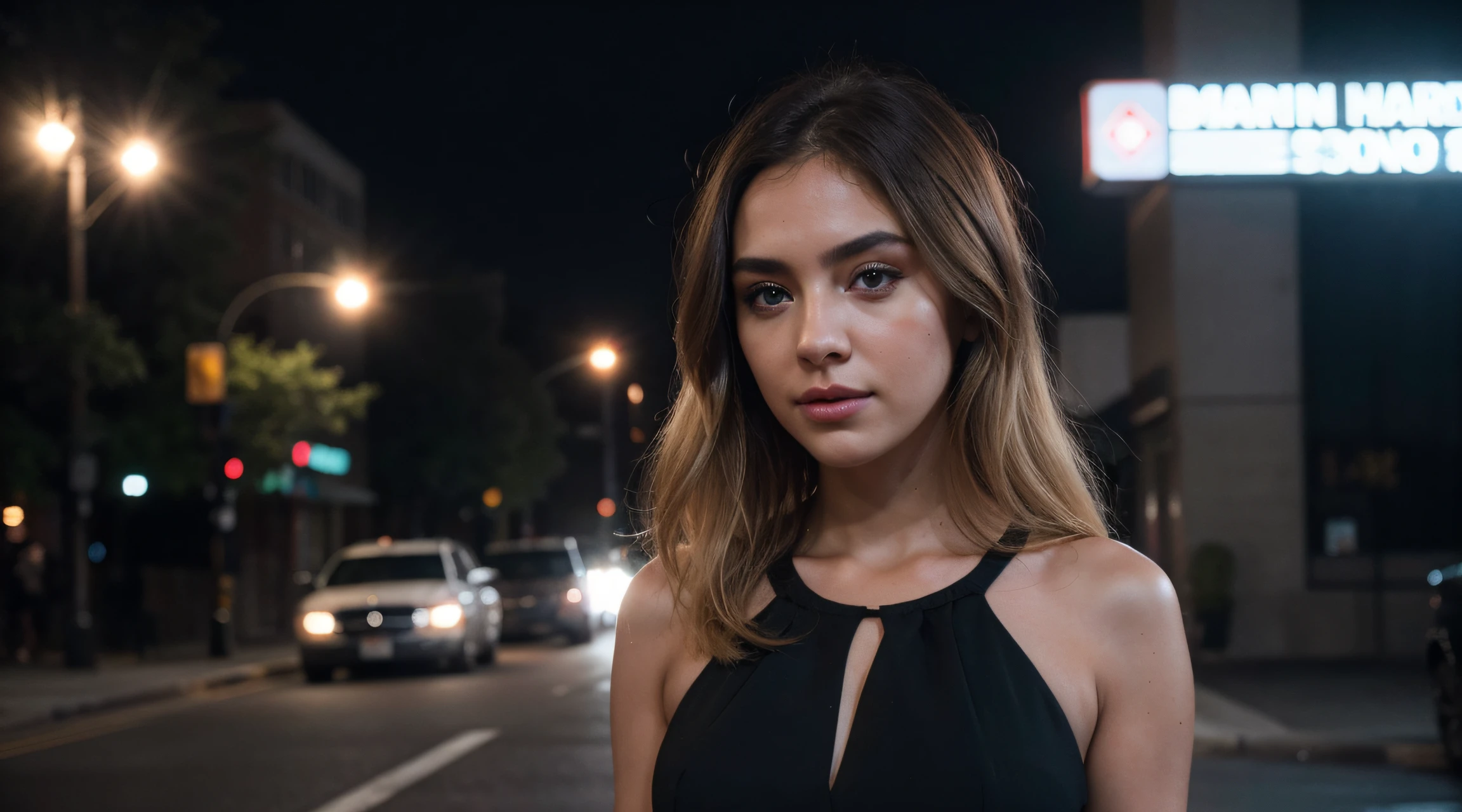 cinematic photography professional photography, create an image of a beautiful young woman of 26 years old, dark green eyes, blonde hair, standing, frontal pose, dressed in a black dress, headshot n-4 f1.8 hd wallpaper photography trend on instagram Award-winning photo 4k 8k detailed hyperrealistic cinematic photo beautiful volumetric lighting octane render unreal engine 5 rendered with nanite canon eos r3 fujifilm x-t 30 sony alpha gw 6 0 d mark iv lens flare dark lights. 35mm photography, film, bokeh, professional, 4k, headshot n -4 f1.8 hd wallpaper photography trending on instagram 4k award-winning photo 8 k detailed hyper-realistic cinematic shot beautiful volumetric lighting octane render unreal engine 5 rendered with canon nanite lens eos r3 fujifilm x - t 30 sony alpha gw 6 0 d mark iv dark signal lights. 35mm photography, film, bokeh, professional, 4k, highly detailed