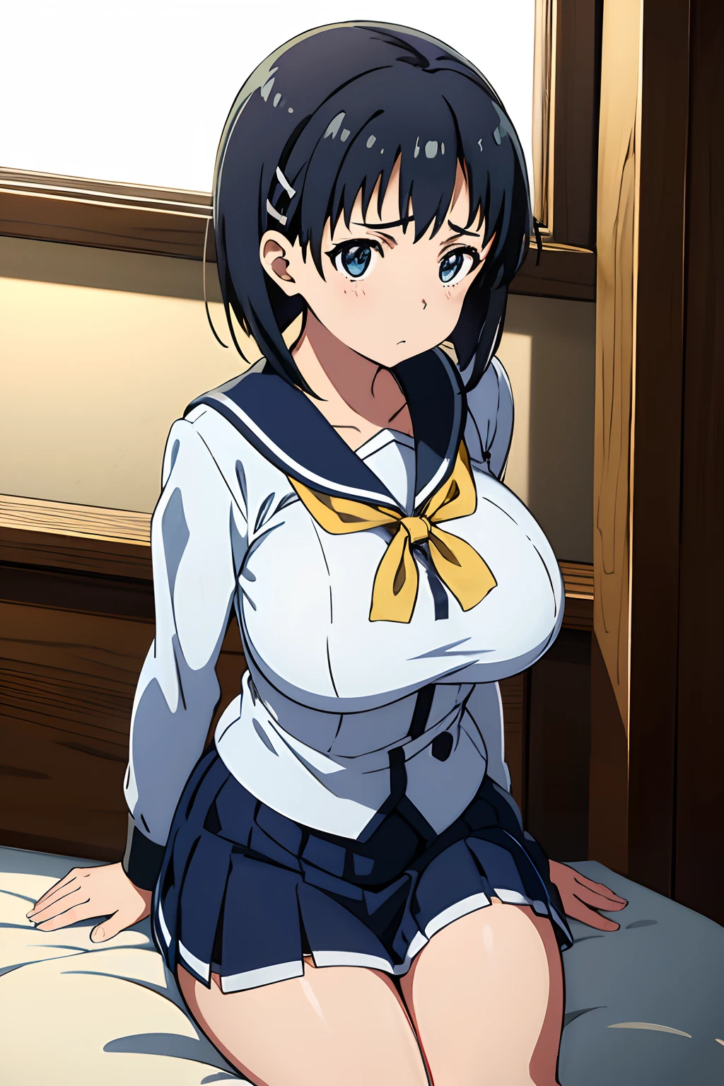 huge tits, Naoha Kirigaya(sword art online), 1girl, bob hair, hairclip, ​masterpiece、top-quality、white sailor school uniform、huge tit、A sexy、school、dynamic angle, view at camera