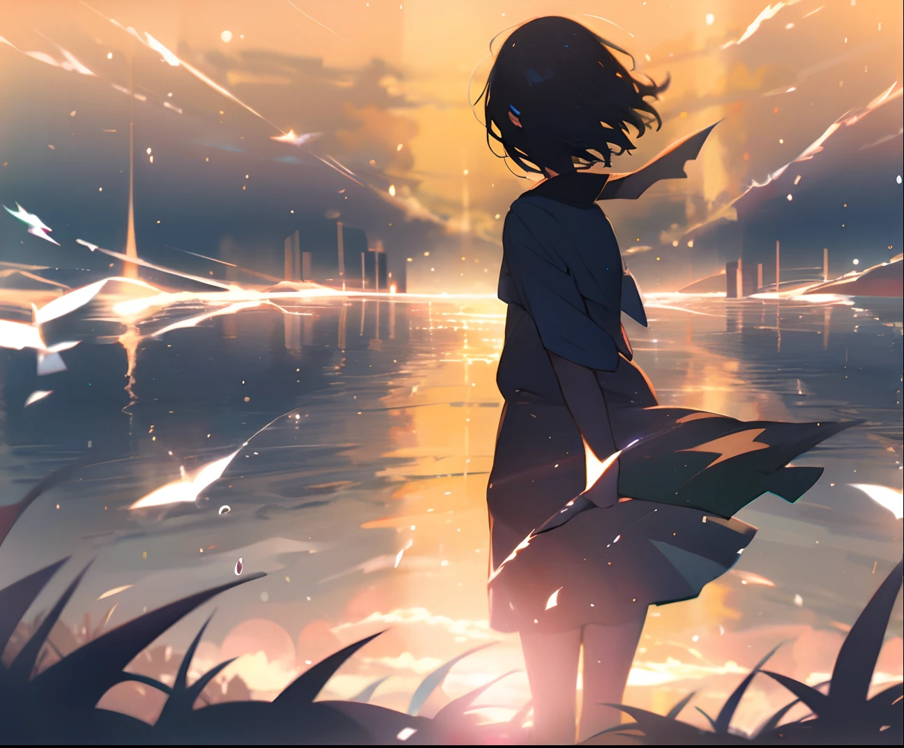 Wallpaper inspired by Your Name movie by Makoto shinkai. Starry sky, masterpiece, black silhouette, perfect anatomy, romantic, Kimi no na wa, extremely detailed faces. Cute faces, perfect faces, masterpiece, 4k, Sweet couple, boy and girl, guy and girl, softly cuddling, blushing, in love, Your Name style, kimi no na wa, starry sky, cuddles, black silhouette, shadow, hugging from behind