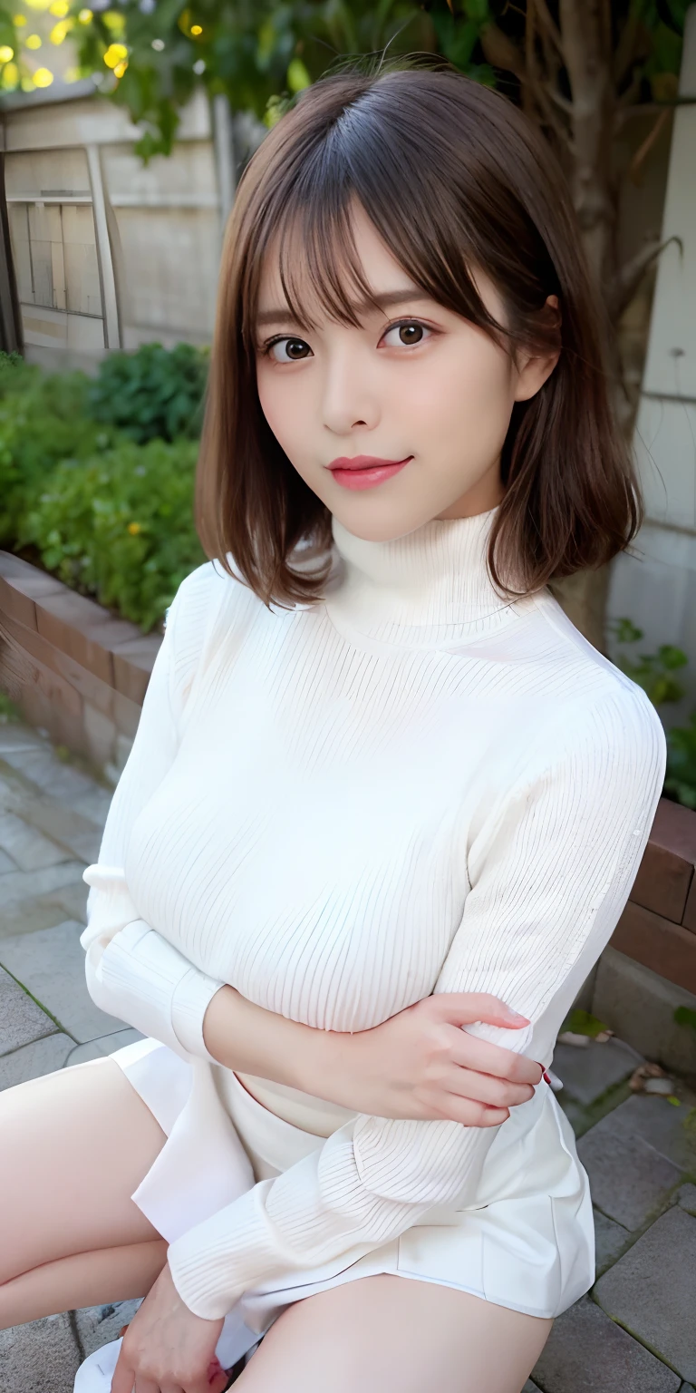 masutepiece, Best Quality, 
Ultra-detailed, finely detail, hight resolution, in 8K,
((Photorealsitic:1.4, Raw photography, 超A high resolution,Top image quality: 1.4)),
Wallpaper, 
((Perfect whole body configuration1.5)), 
((Beautiful detailed eyes, Natural Color Lip、Clean face、Gaze staring at the camera、Lashes、big eye、Distinct double eyelids、Tear mole、glowy skin、Clean skin quality、lipgloss)),
((a serene smile:1.5)),
((Random and cute hairstyles)), 
((White turtleneck knit that adheres perfectly to the body:1.5)),
((large breasts size、cleavage of the breast:1.2)),((No bra:1.5)),((Hard standing nipples)),
((Random and cute micro mini skirt:1.5)),
((squat and hold your knees:1.5)),
((breastsout、under look eyes、Mole on the arm:1.2)),
((look up to)),
((Random blurry background)),
((Random and cute facial expressions:1.5)),, 
((((1人の女性:1.5))))
very detailed and professional lighting、
((Sexy underwear visible through skirt:1.5))、
((thigh visible:1.5))
