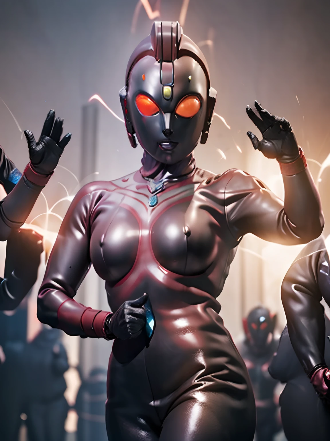 The beautiful figure of Ultraman Woman, Cover his true face with a black mask, Female Solo, Alien eyes shine。The whole body is covered with a black bodysuit, One female protagonist, Pink lines all over the body, Dark background,