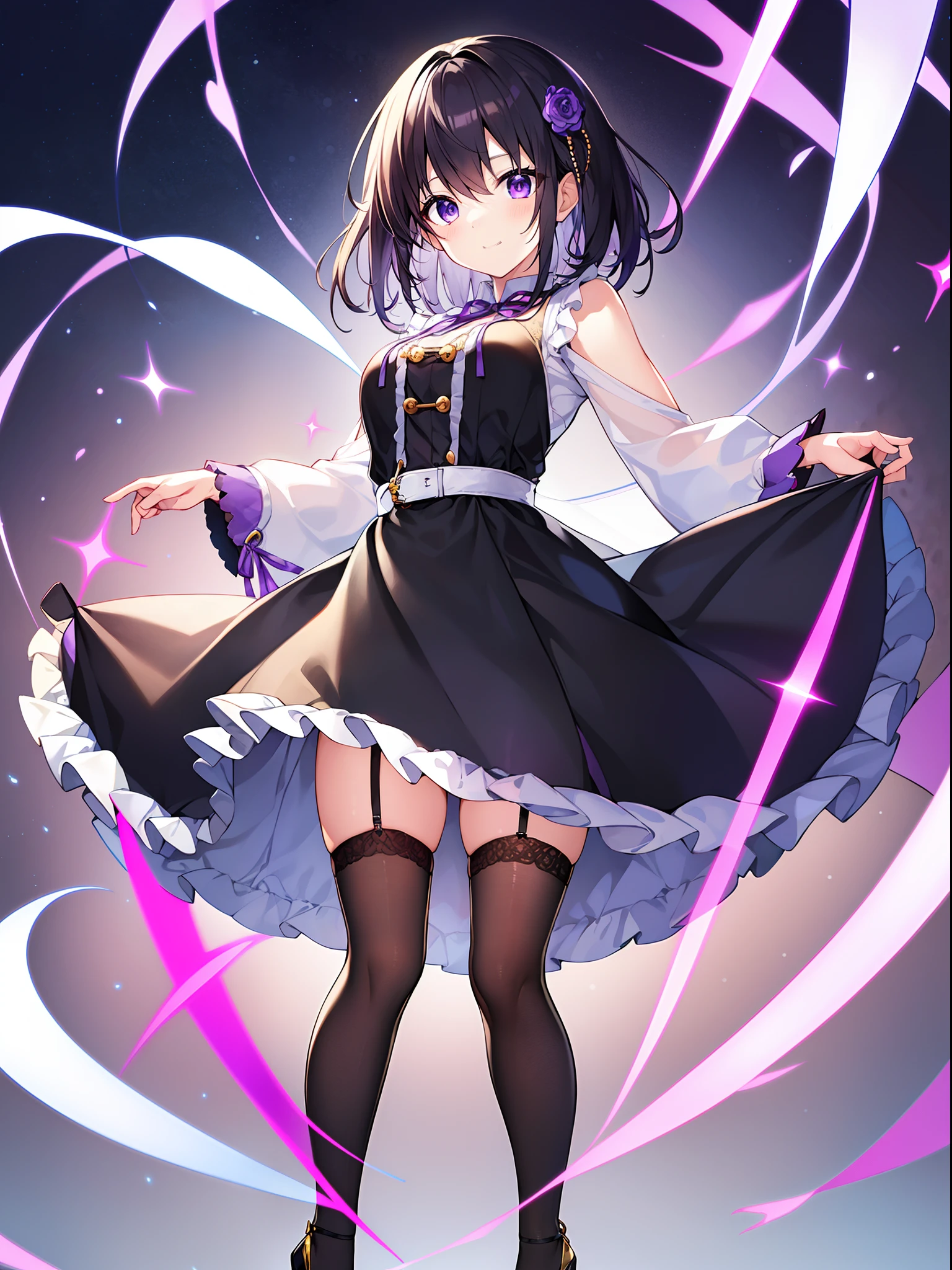 (kawaii) Black hair short-haired a beauty girl ((独奏)) ((Black and purple dress)) long-sleeve (Black tights) ((high-level image quality hightquality ultra-detailliert 8K)) Only 1 person ssmile (1 girl in) Detailed and delicate face ((Black High Heels)) beautiful and delicate eyes Fine details ((Anime-like illustrations)) High school students kawaii pose teak Cute clothes skirt by the Ribbon at chest