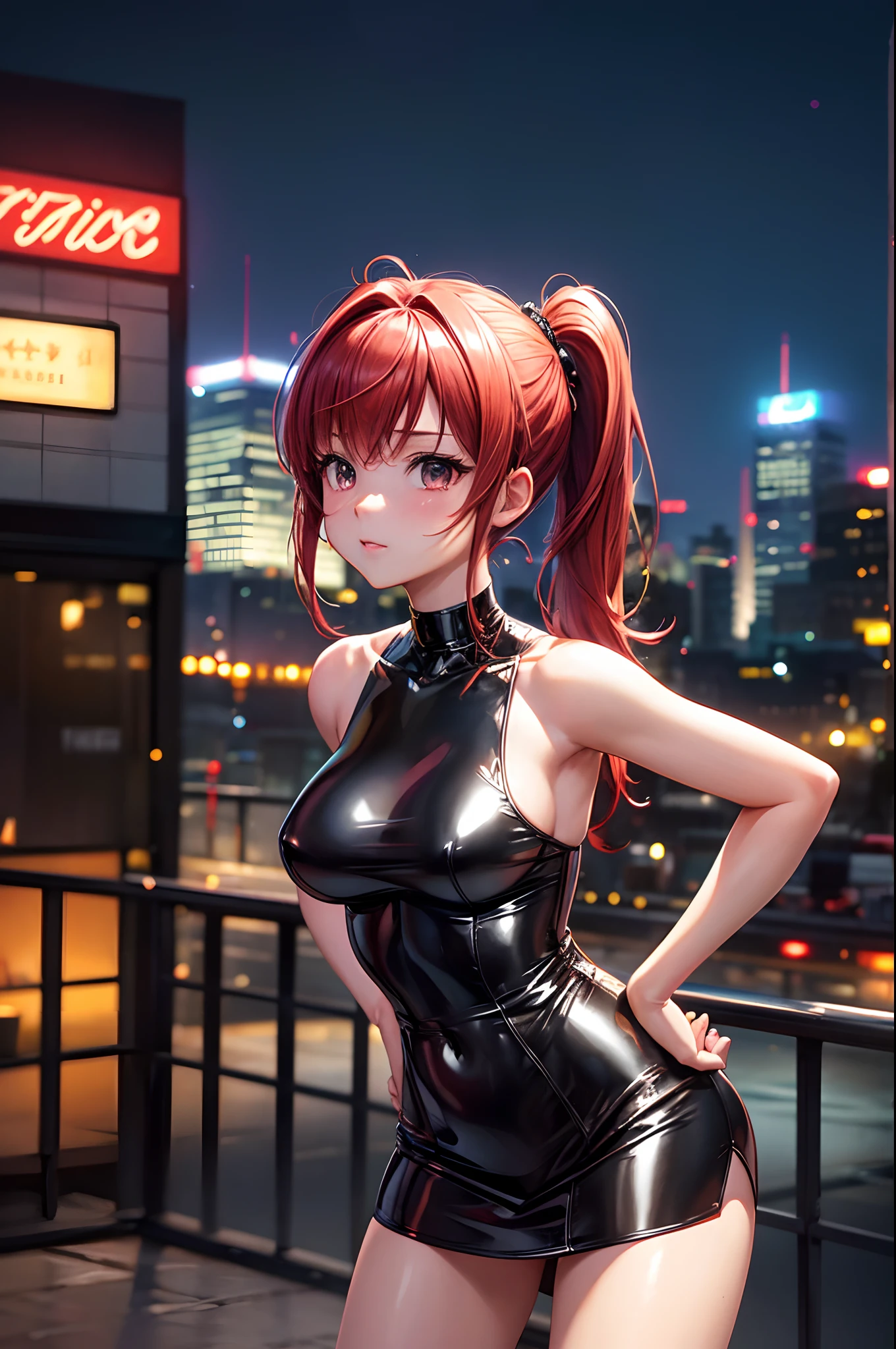 (RAW Photo, Best Quality), (Realistic, Photo Realistic: 1.3), Best Quality, Highly Detailed, Masterpiece, Hyperdetail, Illustration, 1 Girl, upper_body, Dynamic Angle, World Masterpiece Theater, Ore no Imoto ga konna ni kawaii wake ga nai, 25-yers-old girl with crimson red hair- pulled up into twin ponytails, wearing a latex mini dress with the city lights in the background sexy pose, standing, hands on hips, Best Quality, Extremely Detailed CG Unified 8k Wallpaper, Ink, Amazing, Cinematic Lighting, lens flare, sexy pose,