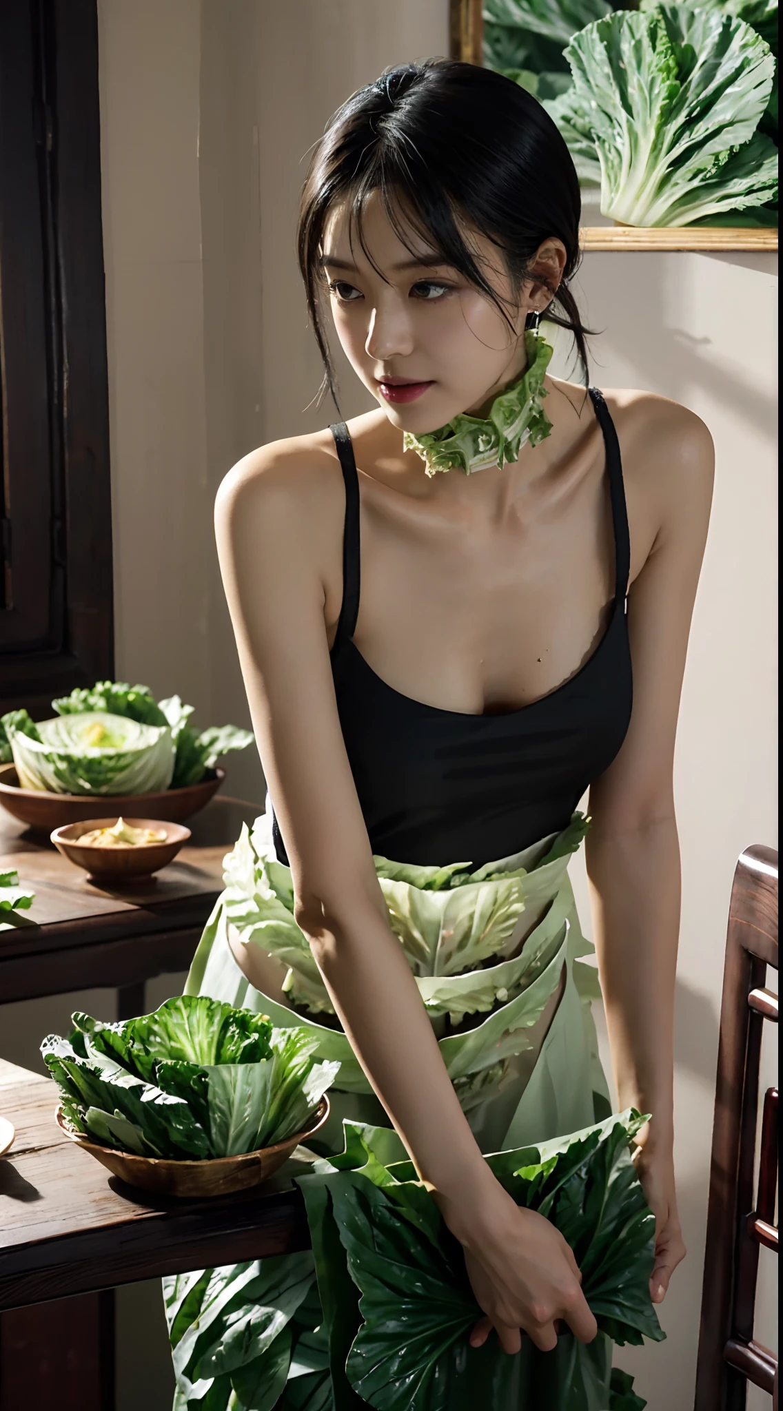 small head,  (perfect bodies: 1.1), (shoulder length straight short hair:0.9), (black hair:1.5),（极其细致的CG 8k壁纸），（Extremely refined and beautiful），（masterpiece），（best qualtiy：1.0），（超高分辨率：1.0），(upper body:1.3)，[A high resolution]，cheerfulness，Smile,(Smooth and flawless fair skin:1.5),(shiny skin:1.5),(dog collar:1.5),ultra - detailed,Elongated legs,(Small breasts:1.1),Flat chest,Slim，emaciated,(Maxi apron made of Chinese cabbage leaves:1.7),(round hips:1.3),(sharply hips:1.5),In kitchen,standing,(from front:1.3),(Close shot:1.3),nightfall，warm light,Several dishes on table,standing,(cowboy shot:1.3),(Portrait photo:1.3)